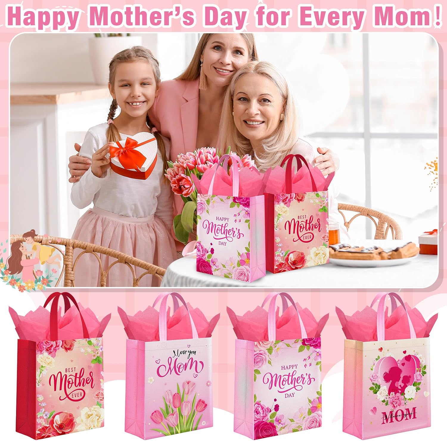 Capoda 60 Pieces Mother's Day Gift Bags with Tissue Papers - Bulk 11.81 x 9.84 x 3.15” Non Woven Reusable Mom Tote Bags with Handle for Mother's Day Party Favors Wrapping Gifts Packing Supplies