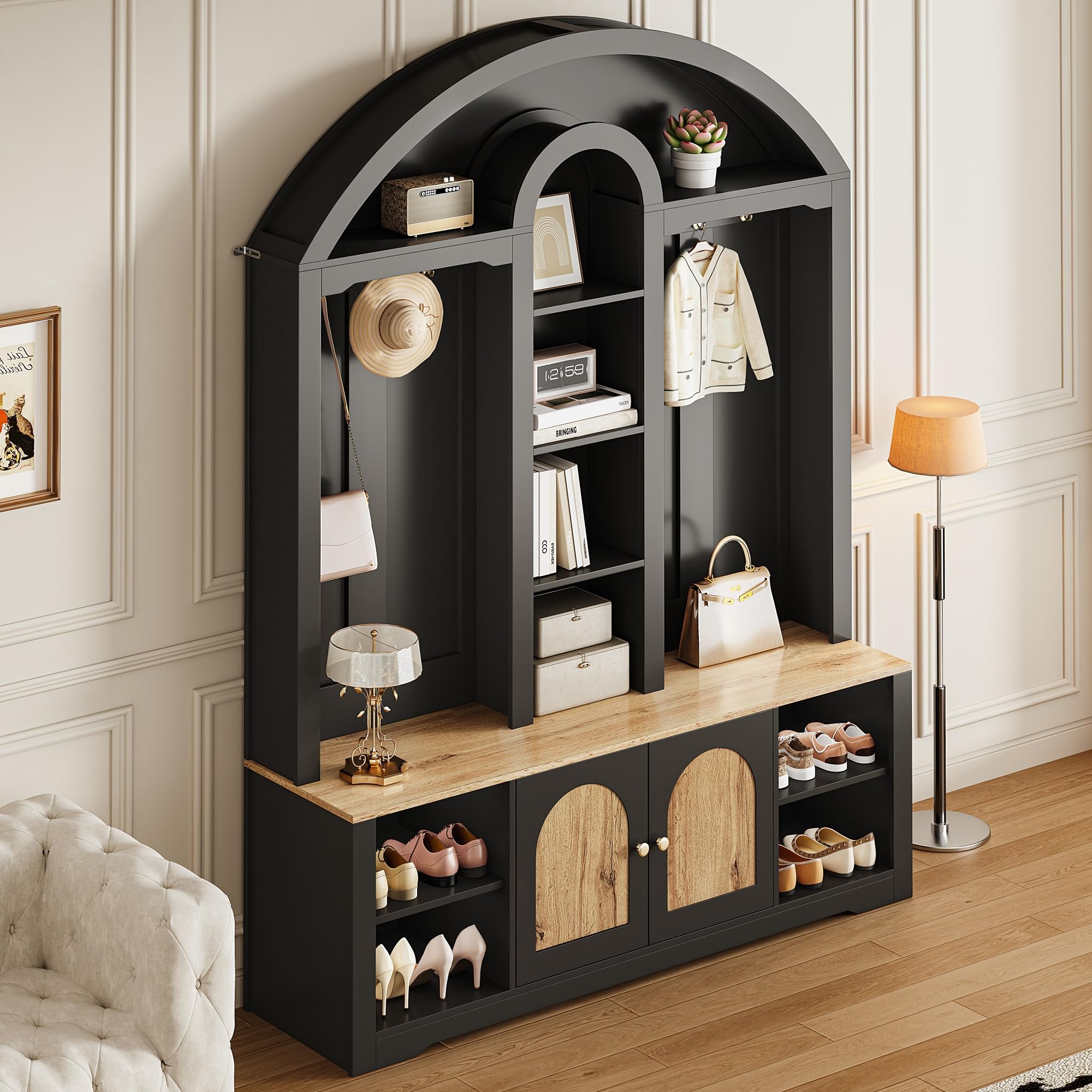 Armadio multifunzione nero 150 x 200 cm, con scarpiera, ripiani e ganci, in robusto MDF dal design moderno e pratico spazio di archiviazione