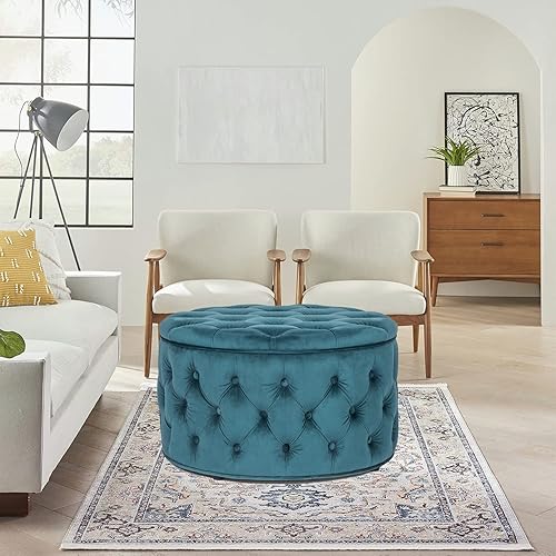 Miniatura 51 de Adeco Moderna silla otomana redonda de almacenamiento de 28 pulgadas, reposapiés otomano tapizado con botones con almacenamiento para sala de estar