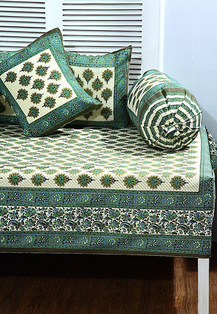 Green coloured hand block print 8 pcs diwan set