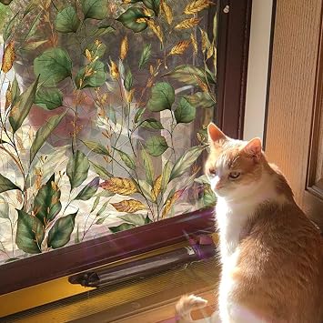 Watercolor Rainbow Window Film Privacy, Double-Sided Decorative Suncatcher Film for Glass Camper Window, Laser Golden Green Leaves Window Clings 16.92"X39.37"