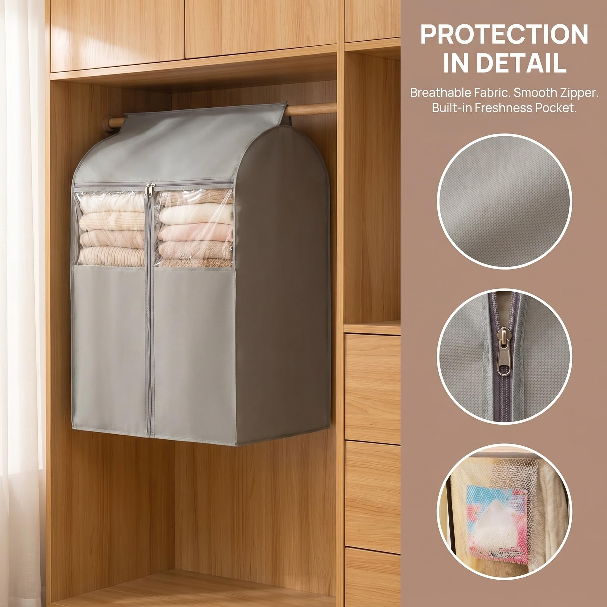 Ampia Copertura Grigia per Appendiabiti, Borsa Porta Abiti Traspirante in Tessuto Non Tessuto con Cerniera, Protezione Resistente per Abiti da Armadio, 52×52×120 Grey 96×52×120cm