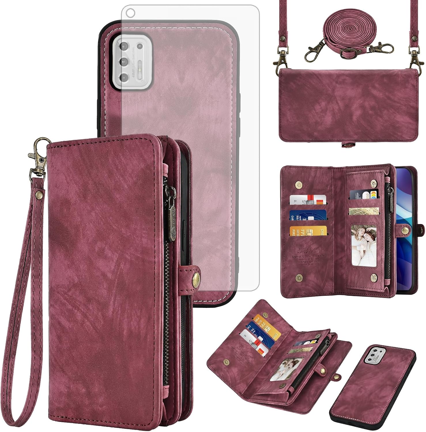 Asuwish Phone Case for Moto G Stylus 2021 4G Zipper Wallet Detachable Cell Cover with Tempered Glass Screen Protector Strap Flip Card Holder Slot Motorola GStylus 6.8 Stylo XT2115DL XT2115-1 Women Red