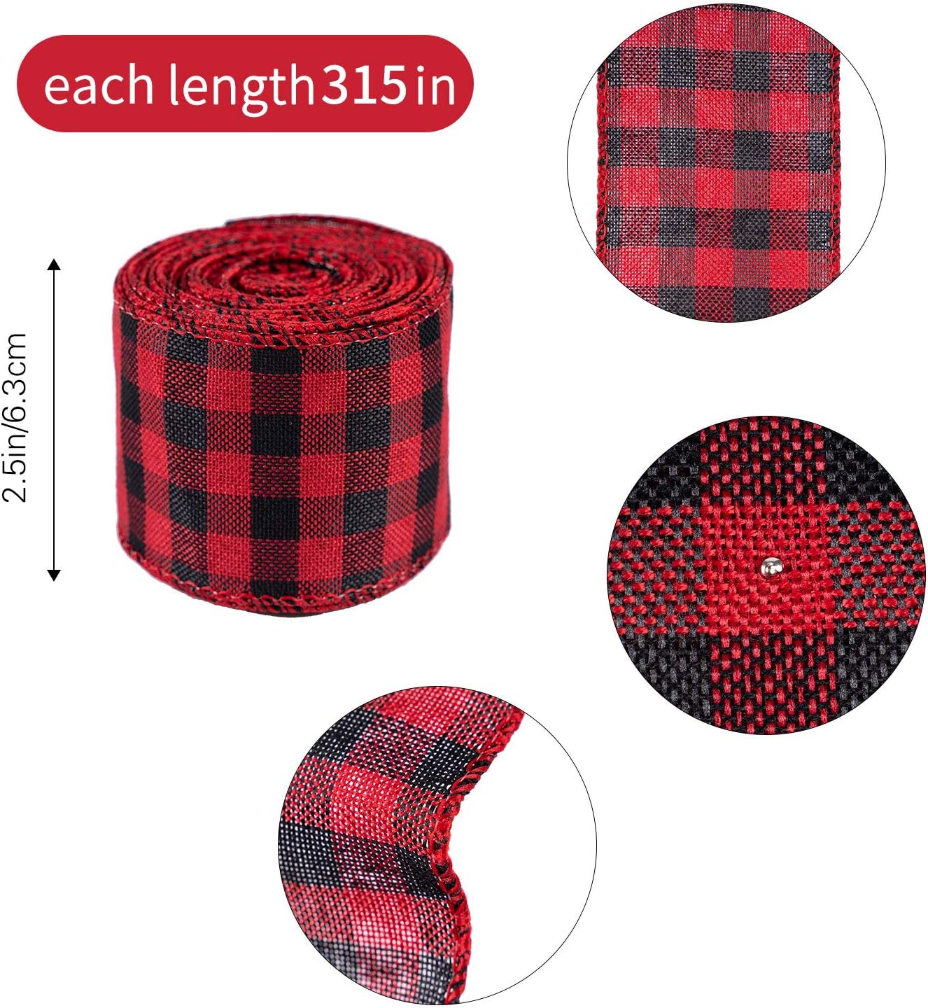 2 Rolls Burlap Ribbon Gingham Buffalo Plaid Red and Black Wired Ribbon Weave Ribbon with Wired Edge for Christmas Fall Gift Wreaths Craft Decoration, 2.4 Inches by 315 Inches