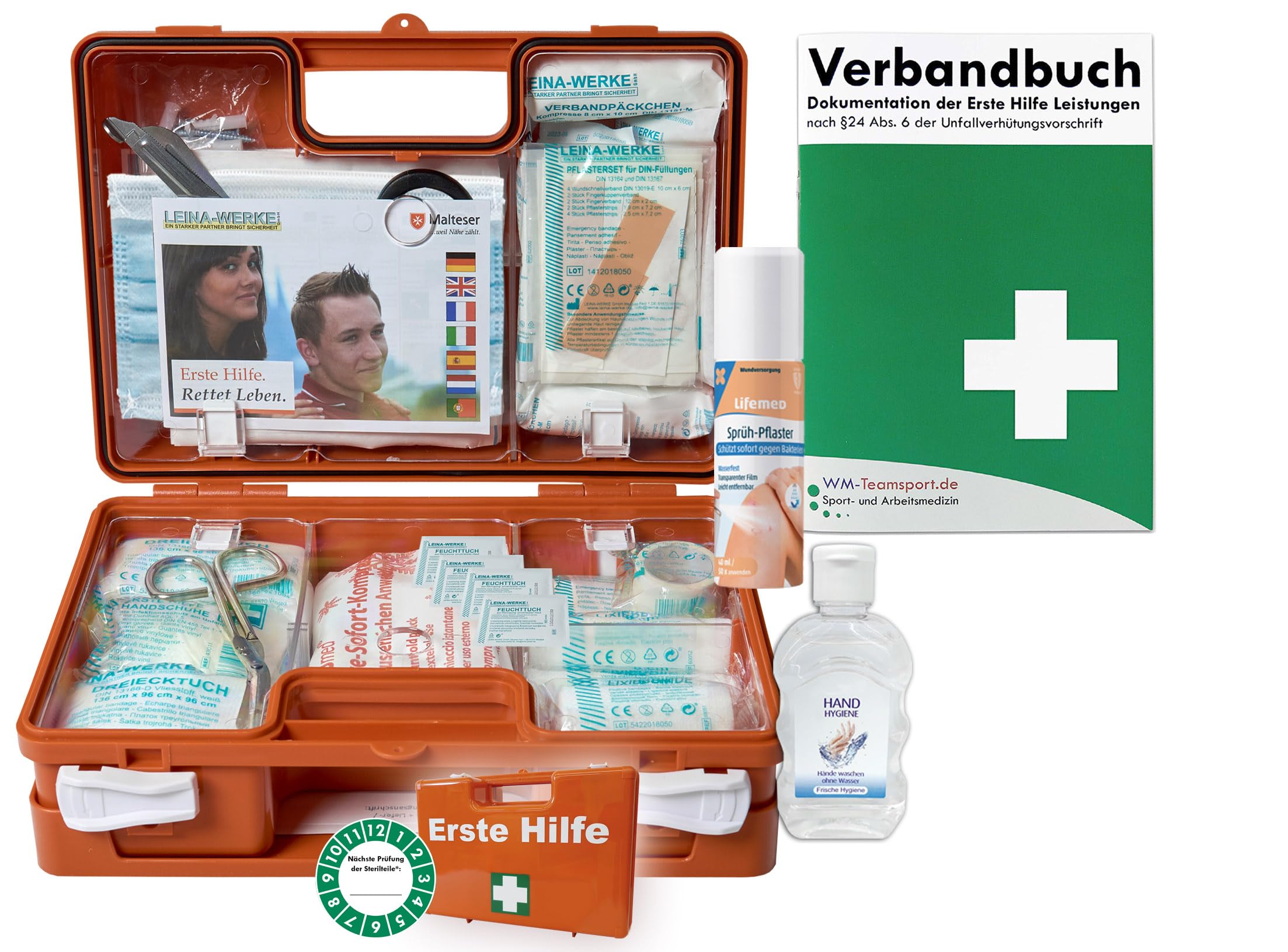 Verbandskoffer/Verbandskasten (K) Typ CS - Erste Hilfe nach aktueller DIN 13157 für Betriebe -DSGVO- INKL. PERFORIERTEM VERBANDBUCH + Hygiene-Gel & Sprühpflaster
