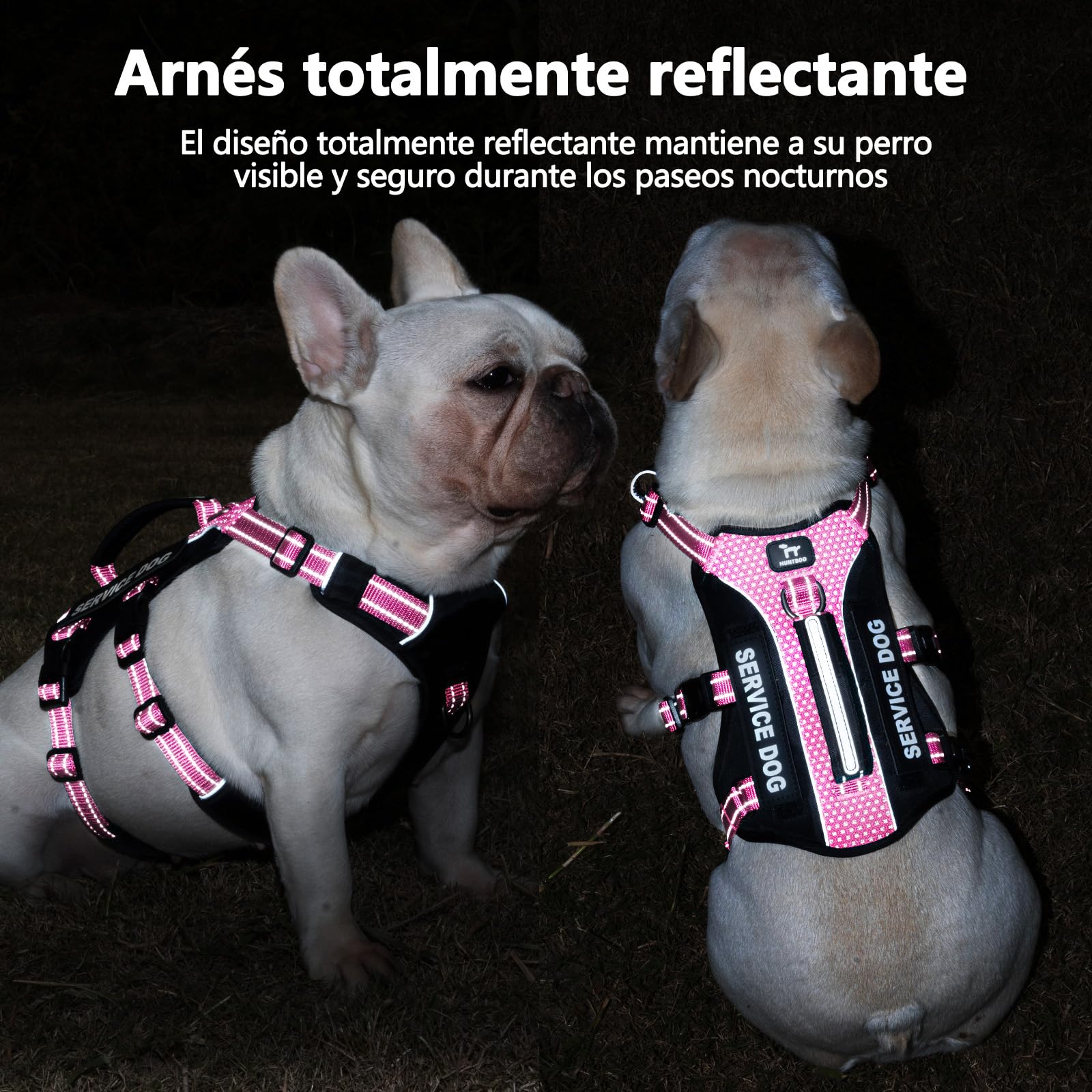 Huntboo Arnes Perro Grande de Servicio con 6 Parches, Arnes Antiescape Perro con Asa, Arnés Antitirones para Perros, Chaleco Reflectante Ajustable, Paseo Y Actividades Al Aire Libre (Rosa,L)