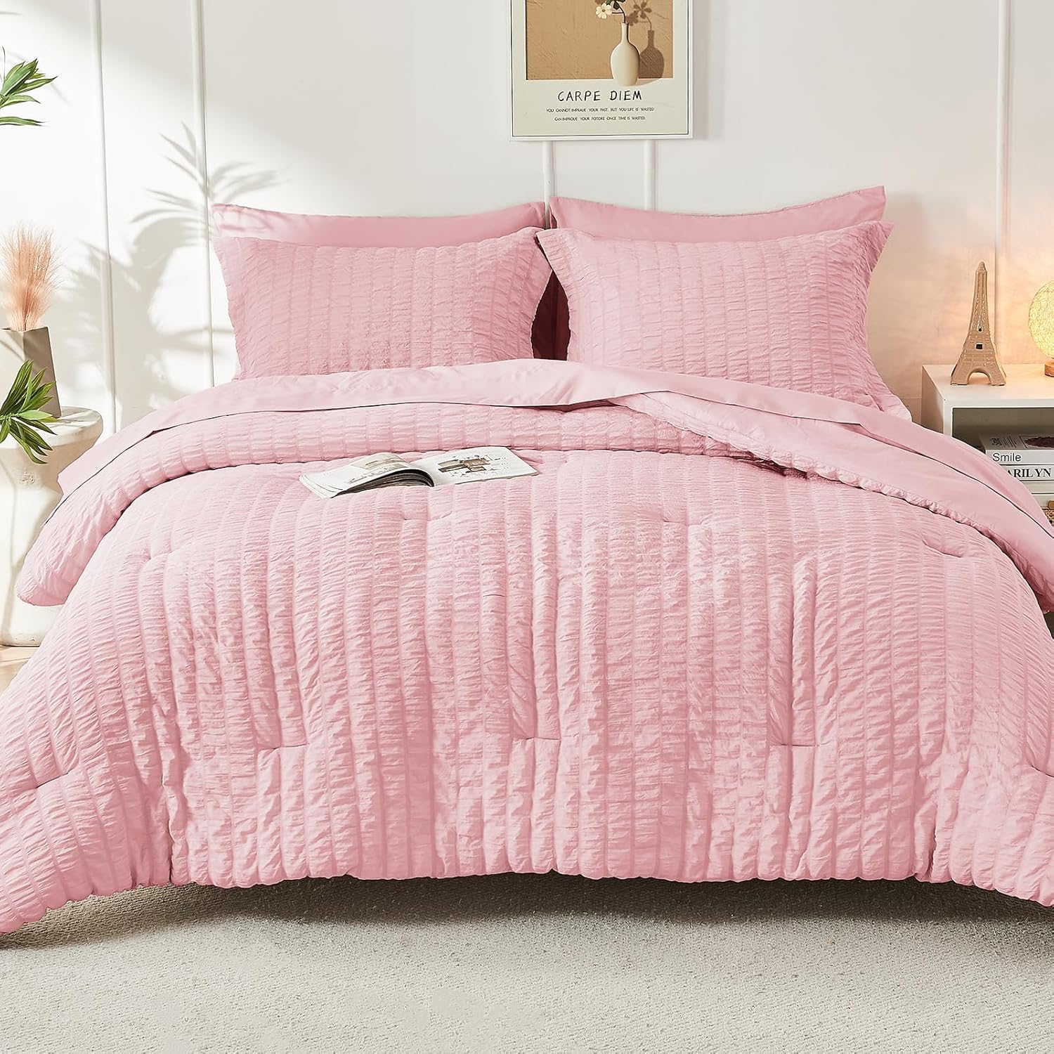 HYMOKEGE Pink Queen Comforter Set Seersucker 7 Pieces, All Season Luxury Bed in a Bag for Bedroom, Bedding Set with Comforters, Sheets, Pillowcases & Shams - Image 9