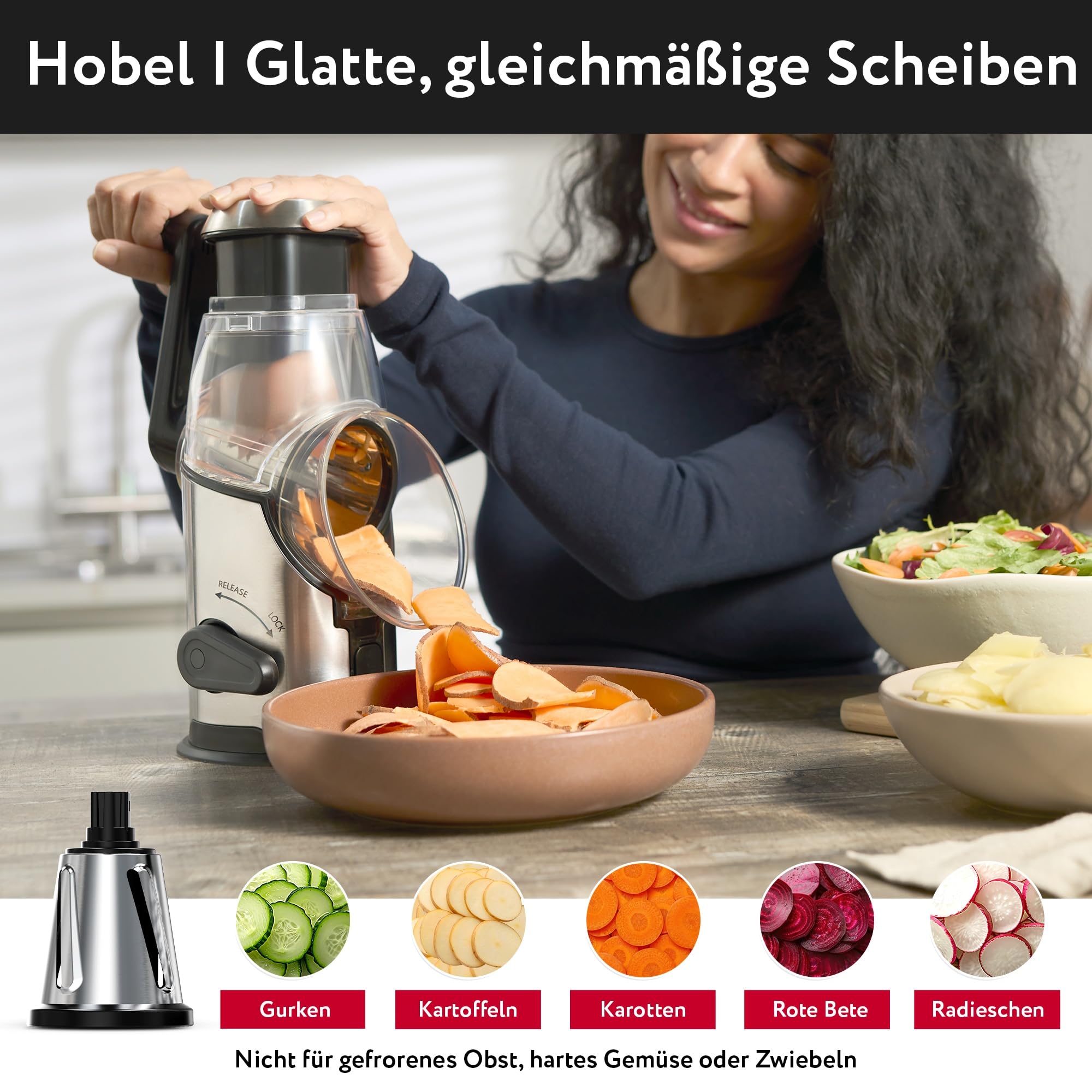 Rotary Käsereibe mit Kurbel - Schnelles und Einfaches Schneiden Edelstahl Gemüsehobel mit 3 austauschbare Trommelklingen - Rutschfeste Basis - Küchenreibe für Gemüse Käse Nüsse Karotten Kartoffeln