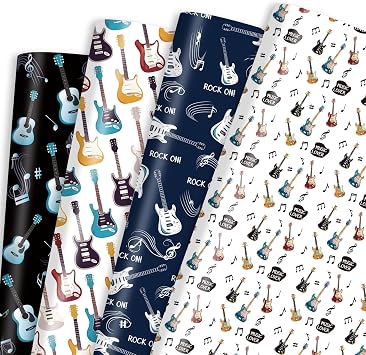 Pineraap Guitar Wrapping Paper 12 Sheets Music Wrapping Paper Musical Gift Wrap Guitar Musical Notes Rock Design Gift Packing Paper Folded Flat for Birthday, Party, 20"28"