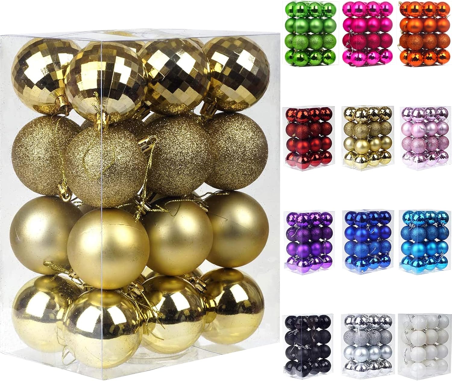 Emopeak 24Pcs Christmas Balls Ornaments for Xmas Christmas Tree - 4 Style Shatterproof Christmas Tree Decorations Hanging Ball for Holiday Wedding Party Decoration (Gold, 1.6"/4.2CM) Gold 1.6"/4.2CM