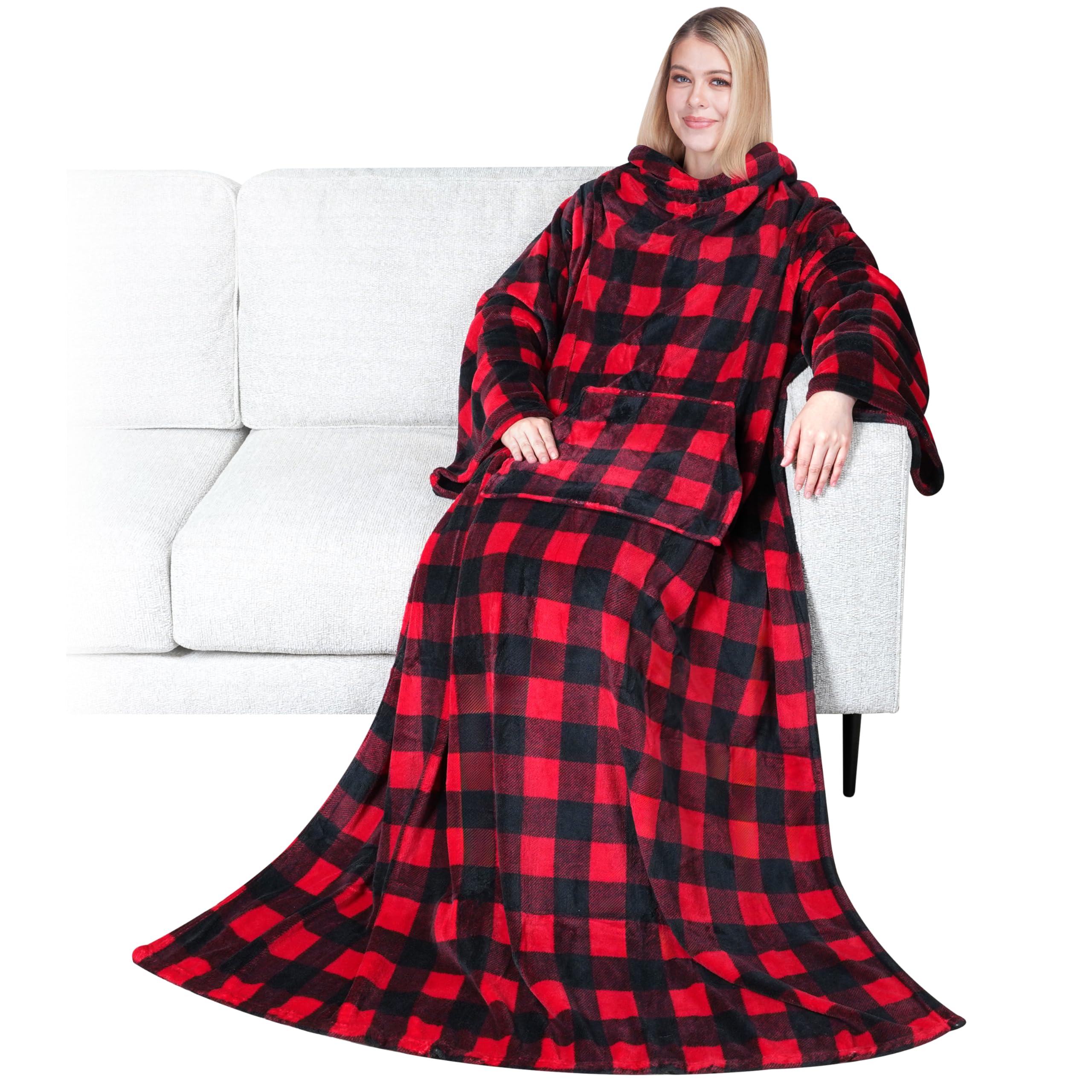 PAVILIA Blanket with Sleeves for Adult Women Men, Soft Warm Wearable Blanket Fleece Wrap Throw, Robe Blanket Gift, Checkered Red, Fleece