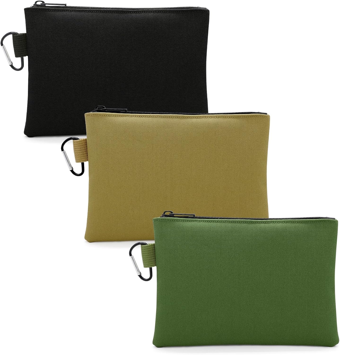 Faylapa 3 Pack Canvas Tool Pouches Zipper Bag, Premium Waterproof Utility Multipurpose Storage Organizer Tool Pouches with Carabiner for Tools, Stationary, Pencil Pouch(Khaki, Army Green, Black)