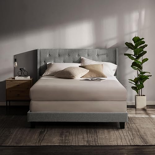 Queen Bed Frame with Headboard Wingback – Linen Platform Bed