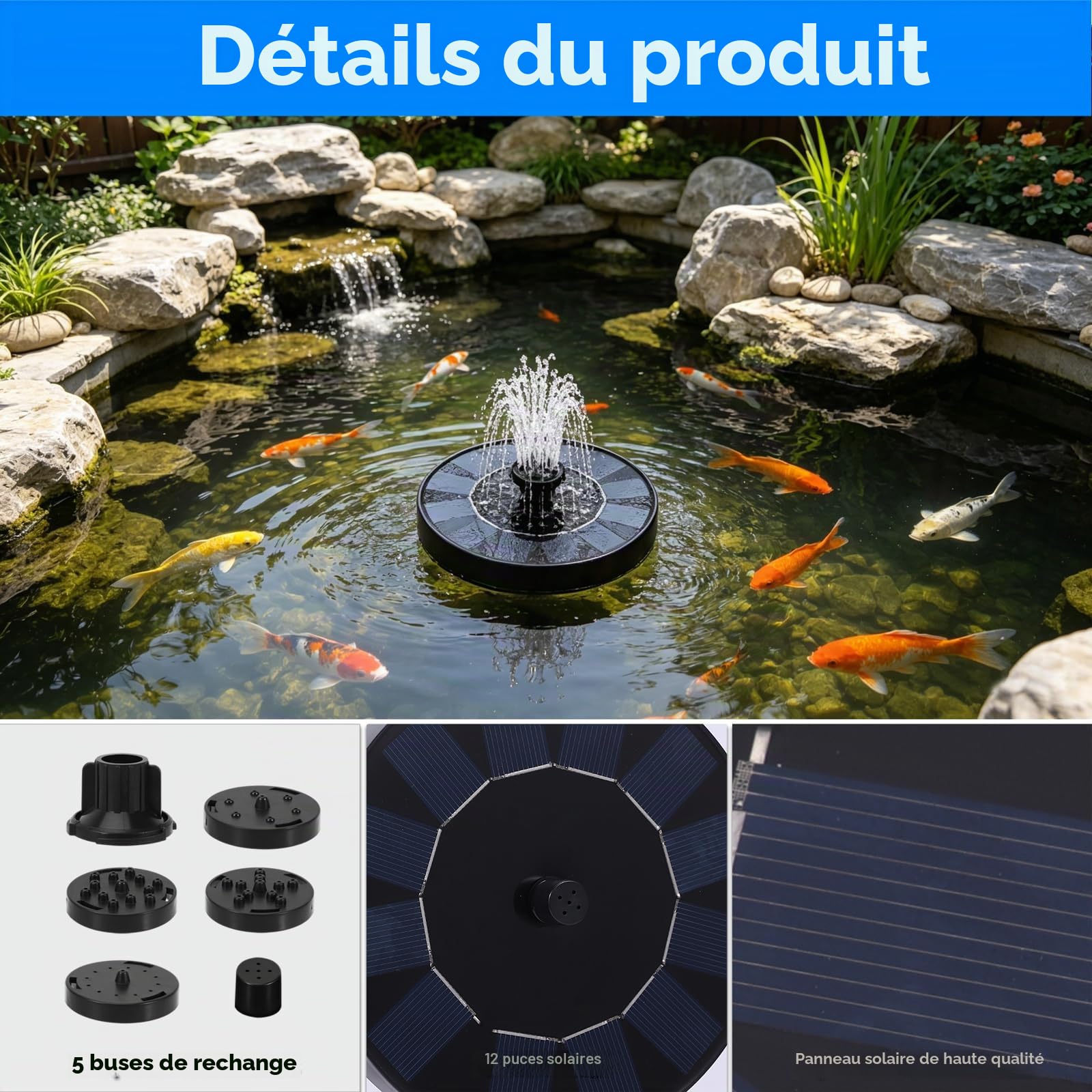 Fontaine Solaire Extérieure, Pompe Solaire Flottante avec 6 Buses, Fontaine pour Bain d’Oiseaux, Bassin, Aquarium, Patio, Étang et Décoration de Jardin Extérieur