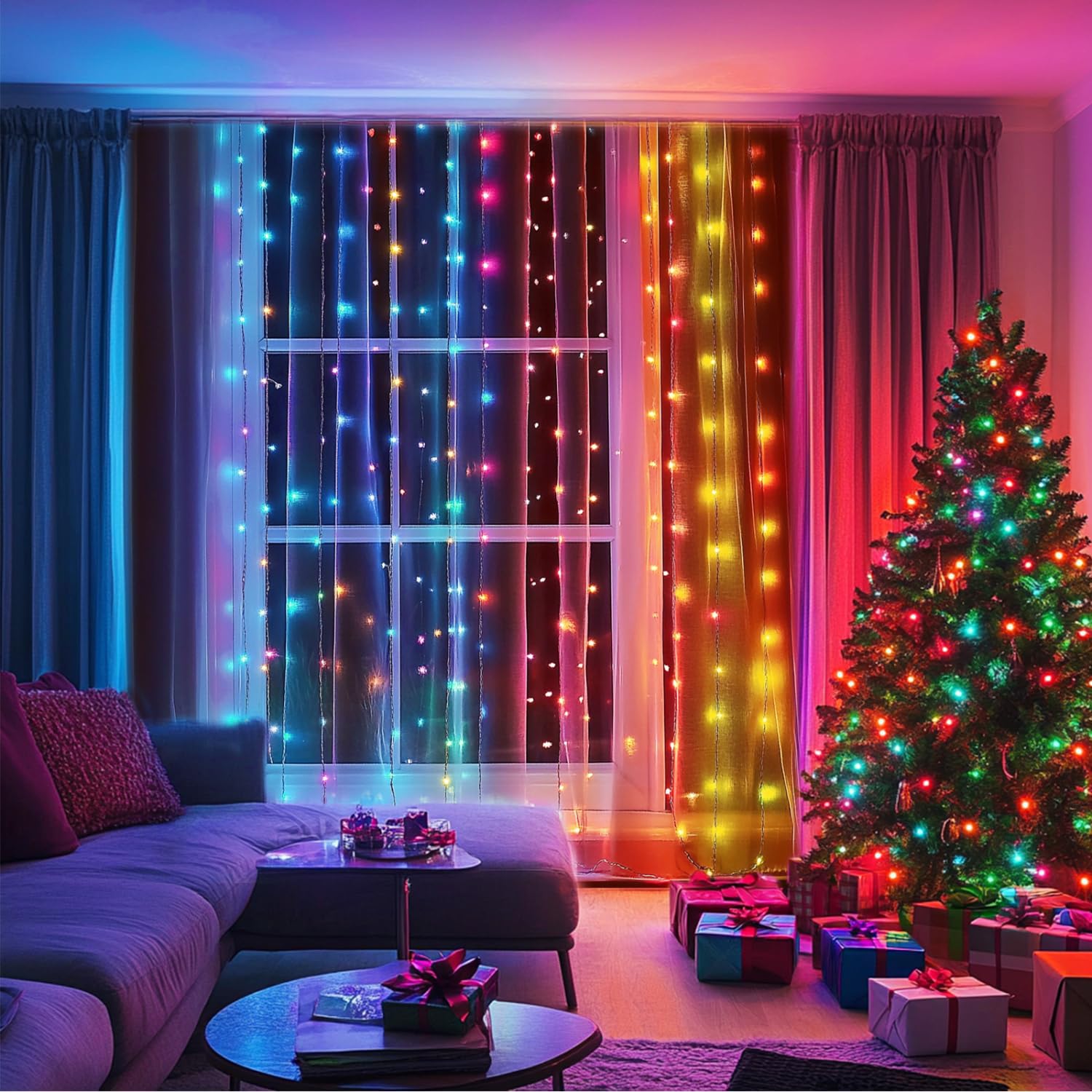 Aigostar Cortina de Luces Navidad Para Exterior y Interior,2*2m 200LED 8 Modos Luces de Cadena de Cortina, IP44 Impermeable con Temporizador, Luces LED Navidad para Habitacion, Exterior, Fiesta, RGB