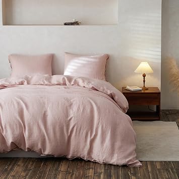 Simple&Opulence 100% Linen Duvet Cover Set, 3 Pieces Belgian Flax Breathable Bedding, 1 Comforter Cover+2 Pillowshams with Coconut Button Closure(King,Dusty Pink)