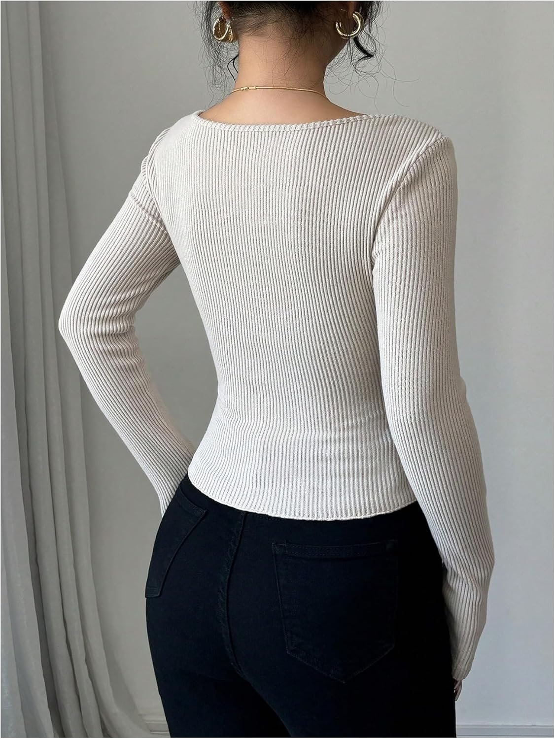 MakeMeChic Women's Square Neck Long Sleeve T Shirt Color Block Button Rib Knitted Tee Tops - Image 3