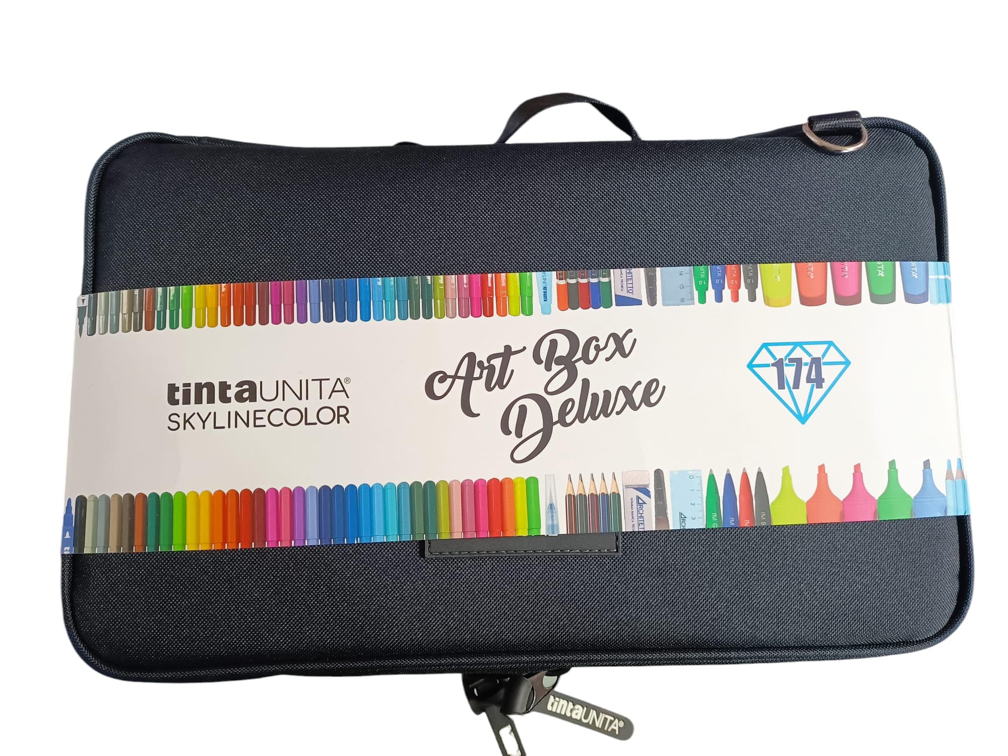 Tinta Unita Art Box Deluxe Valigetta 174 pezzi con maniglia e Tracolla in Poliestere Imbottito, 1 Pezzo (Blu) (Nero)
