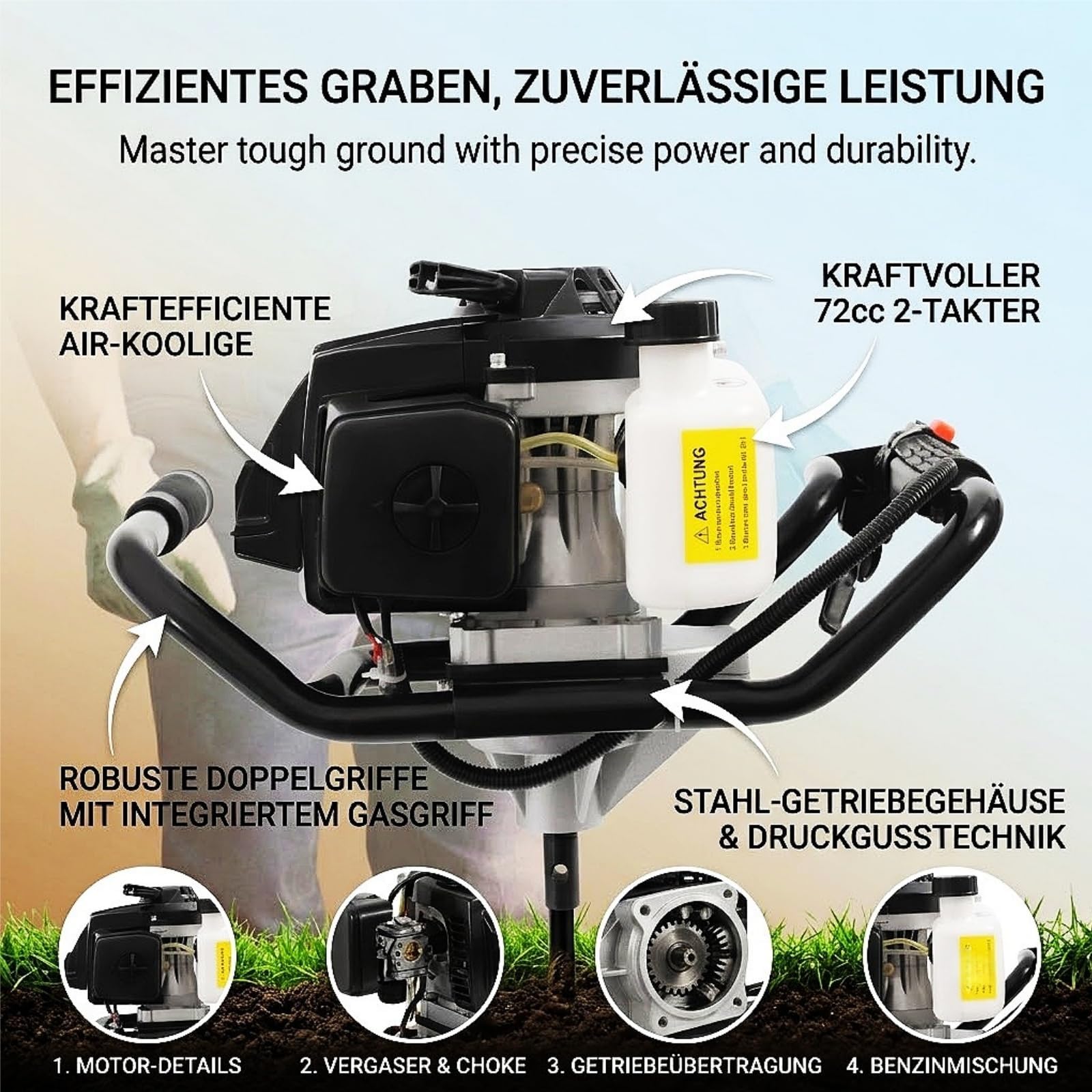Ahoyadora Gasolina | 72CC 3000W | 4CV | 2 Tiempos Motor | 150/250/300mm Broca | 30/50/60cm Prolongador | Barrena para Tierra Compactadora De Tierra Ahoyadora Manual Ahoyador para Granja