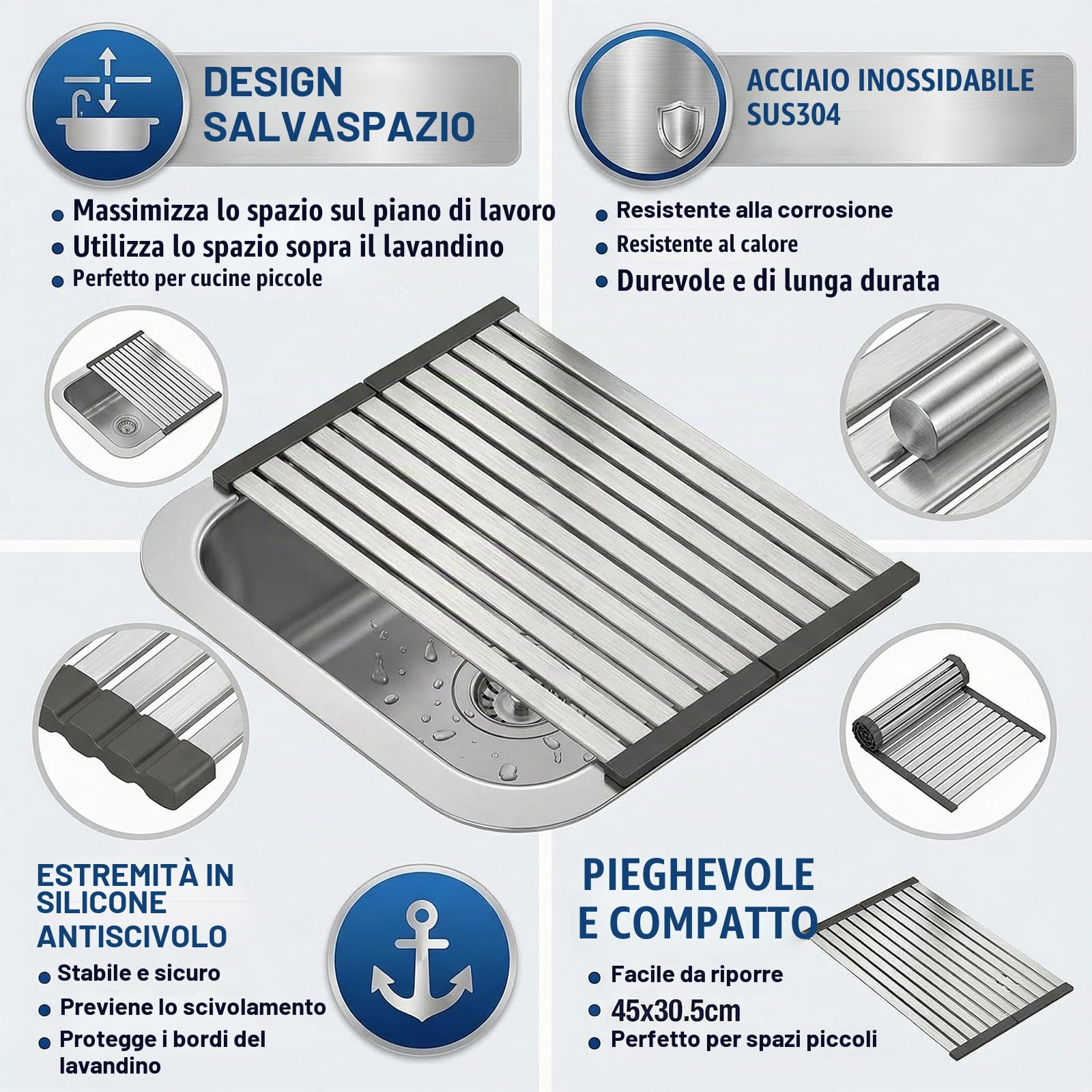 Scolapiatti Pieghevoli per Lavello in Acciaio Inox 17,7x12 Pollici: La Soluzione Perfetta per il Tuo Spazio Culinario