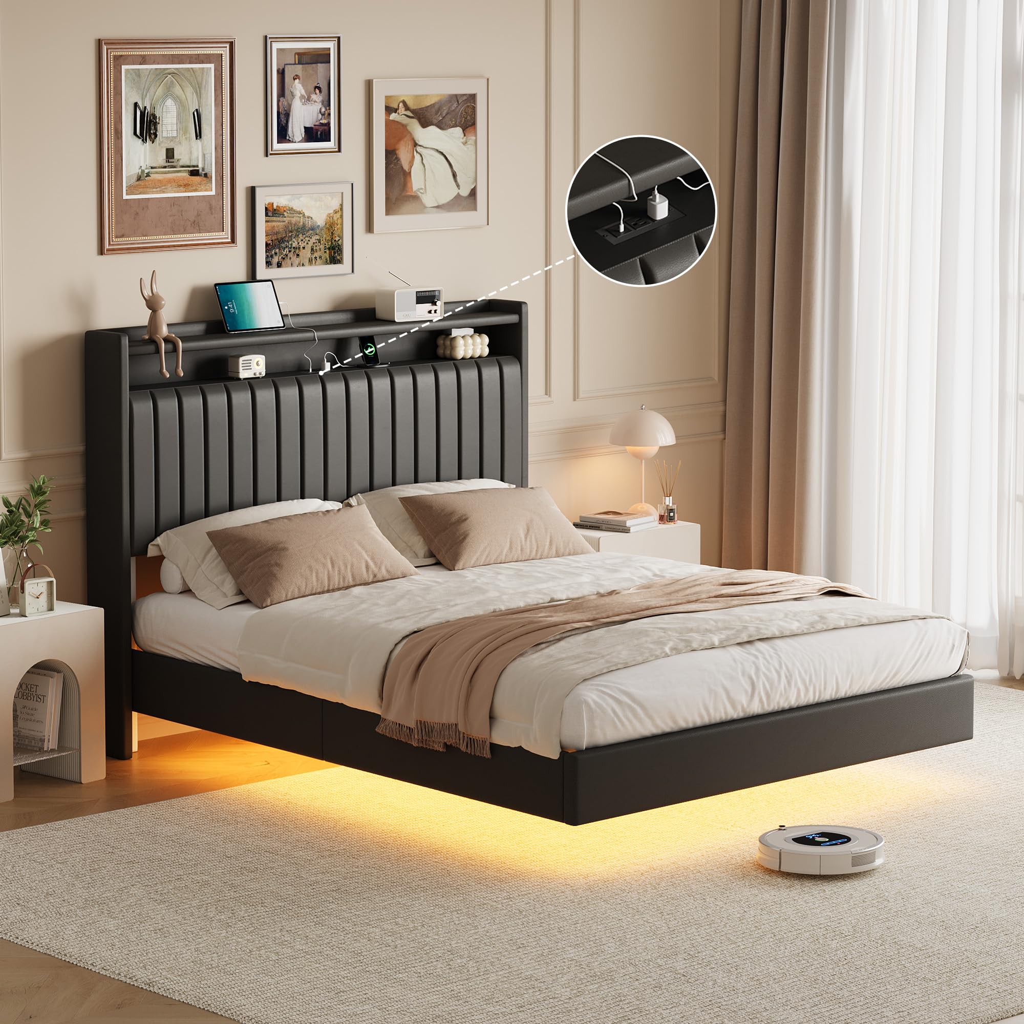 Queen Floating Bed Frame with RGB LED Lights & Charging Station, Upholstered Platform Bed Frame with Storage Headboard, 50” Tall Headboard Leather Bed Frame Queen Size No Box Spring Needed, Black( 1 box to pick up)