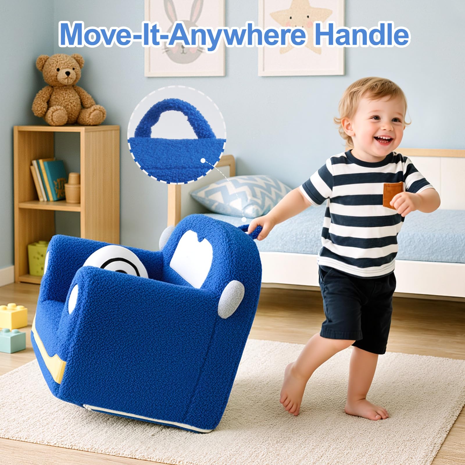 OUOZZZ Kindersofa Kindersessel ab 1 3 6 Jahre - Weich Sherpa Kindercouch mit Kissen, Mini Couch für Kinderzimmer Jungen und Mädchen, Auto Blau
