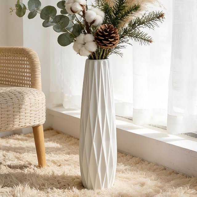 17.7 Inches White Tall Flower Floor Ceramic Vase,Large Vases for Shelf Home Decorative Table Centerpieces Living Room Branches Sky-Dried Flower Arrangement Simple Decor Ideal Gift