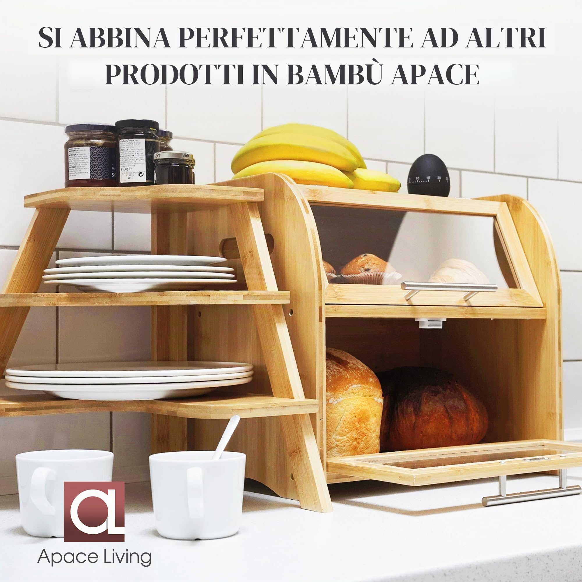 Apace Living Elegante Portapane in per Cucina, Cesta in Legno per Pane Extra-large 2 Ripiani con Vetrine Trasparenti e Prese d’Aria per Mantenere Freschi Pane e Dolci 40 x 26 x 37