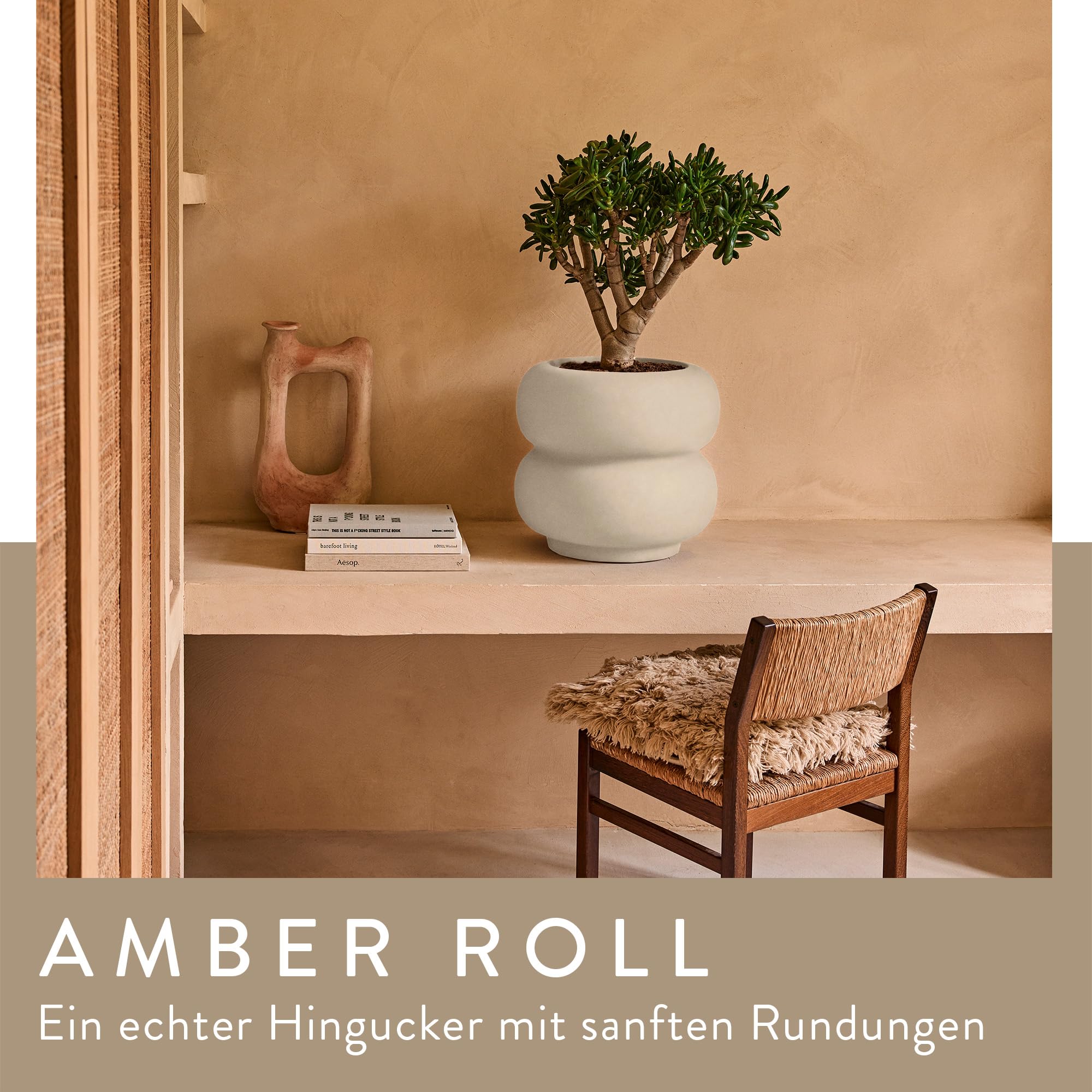 elho Amber roll Low 43cm Blumentopf - Linen White | Ø 43 x H 40 cm | Für Innen & Außen geeignet | 100% recycelter Kunststoff