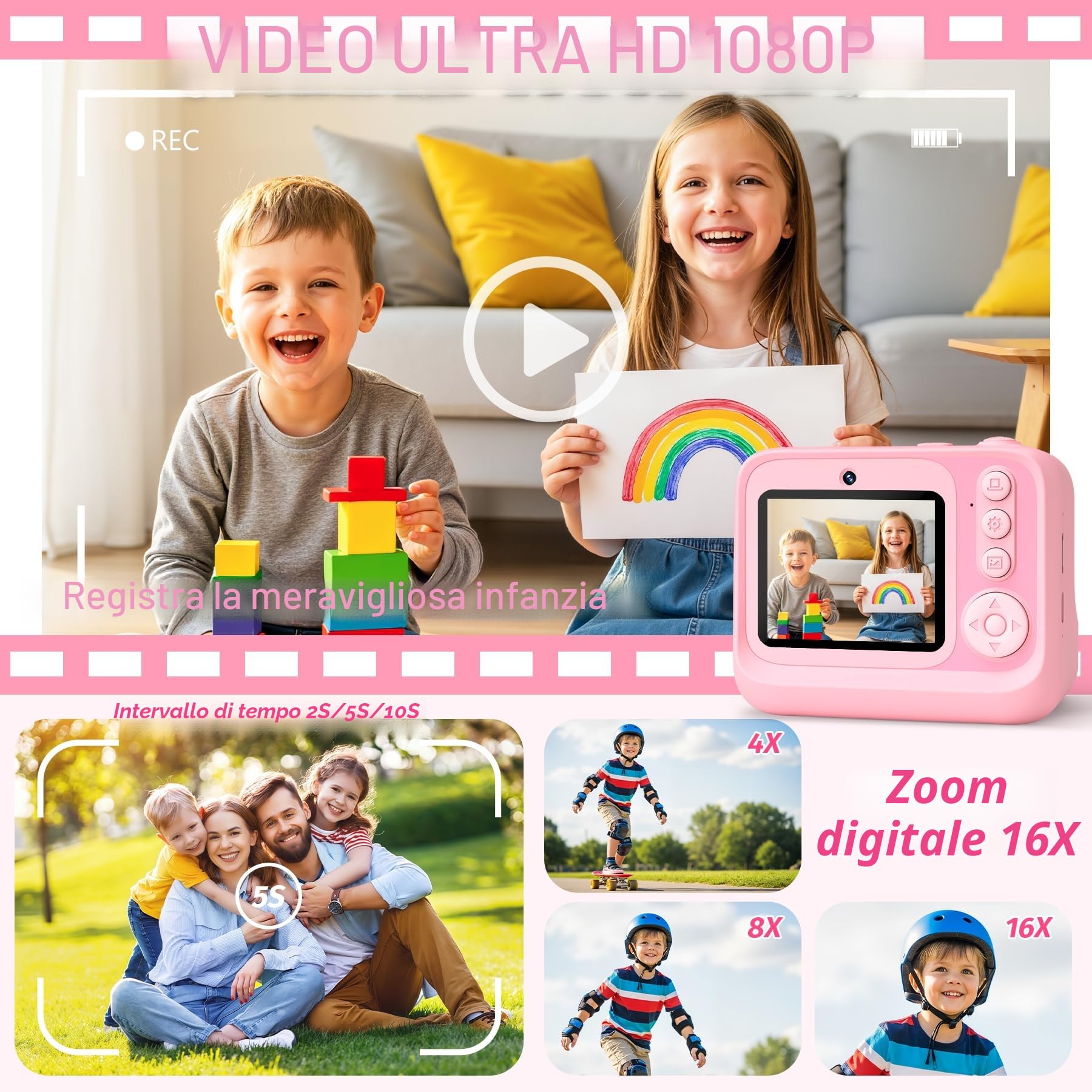 Macchina Fotografica Bambini, 2.4" HD Selfie Fotocamera Bambini con Scheda da 32 GB e 3 Rotoli di Carta da Stampa, Giochi Regalo Natale bambini bambino Nero digitale(Rosa)