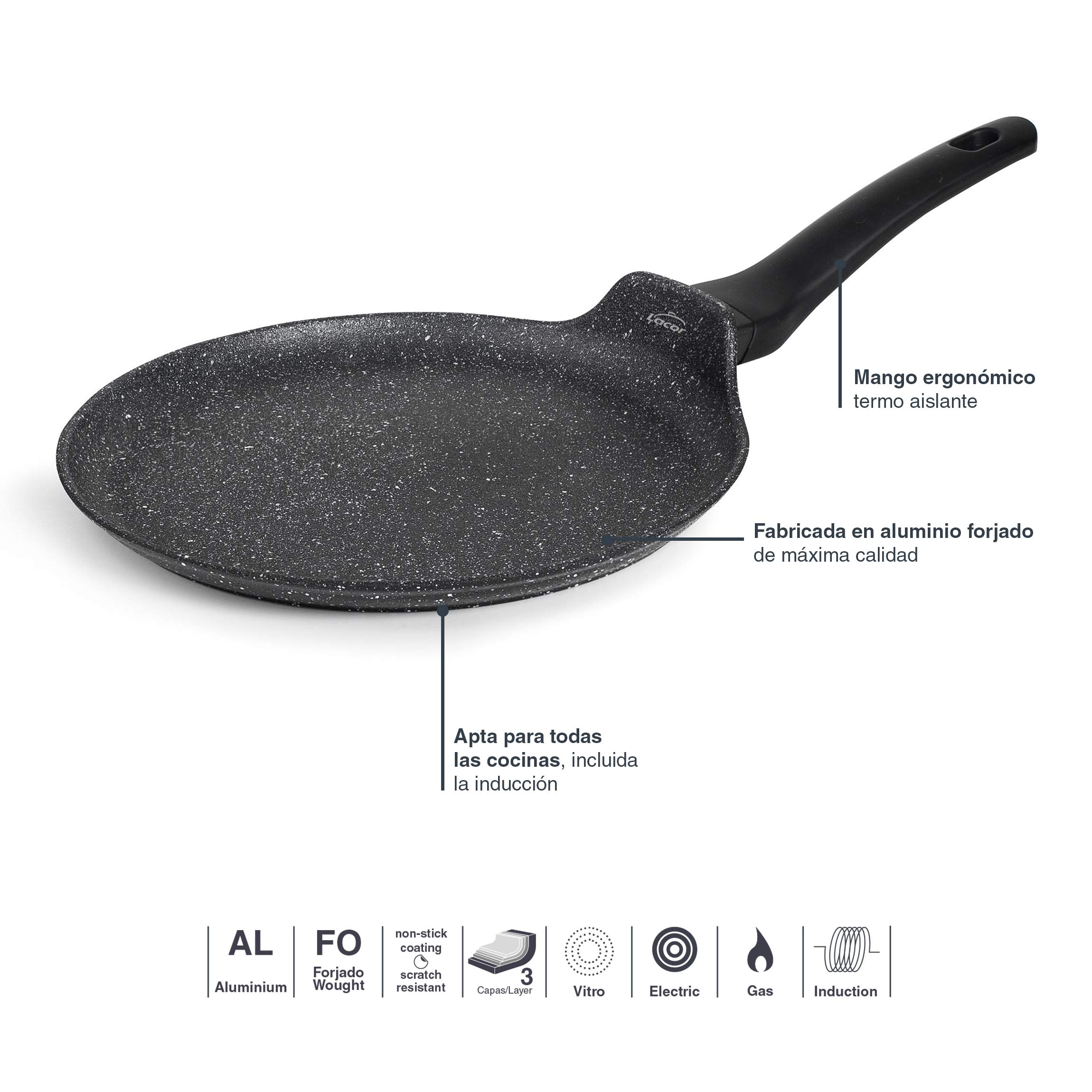 Lacor Crêpepan 24 Cm Gesmeed Aluminium Anti-Aanbak - Inductie - PFOA-vrij - Zwart