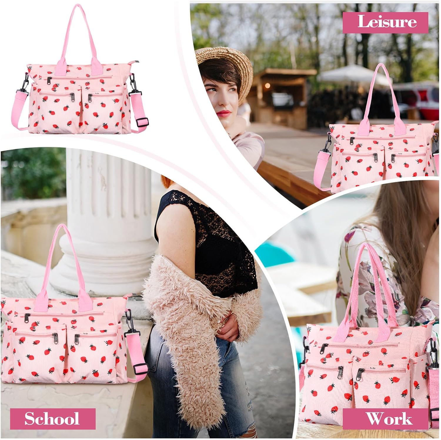 Pink Strawberry Tote Bag for Women Girls, Corduroy Everyday Tote Bag with Multi Pocket Cute Travel Shoulder Purse Handbag Crossbody Work Bags - Image 7