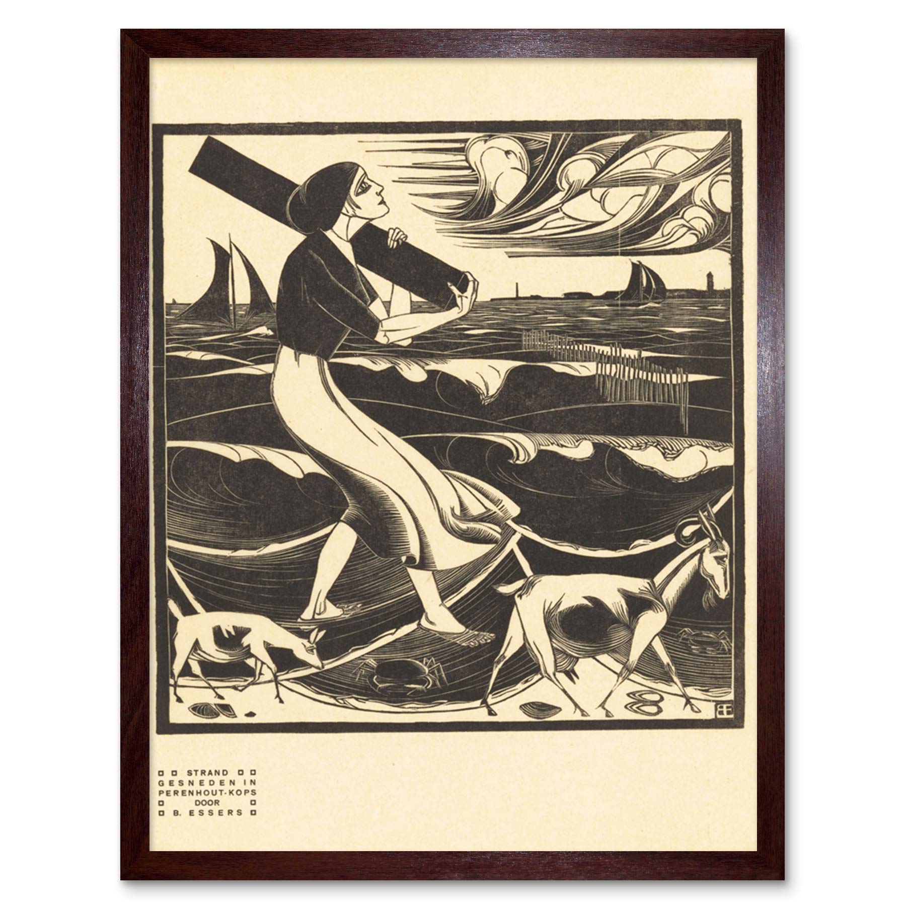 Artery8 Bernard Essers Beach Woman Goats Bw Seascape Art Print Framed Poster Wall Decor 12x16 inch