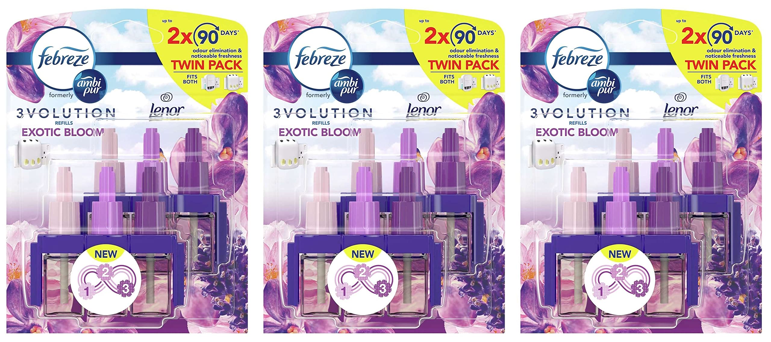 Febreze Ambi Pur 3Volution Air Freshener Plug-in Diffuser Refills, Twin Pack, Pack of Three, 6 x 20 ml, Exotic Bloom Scent
