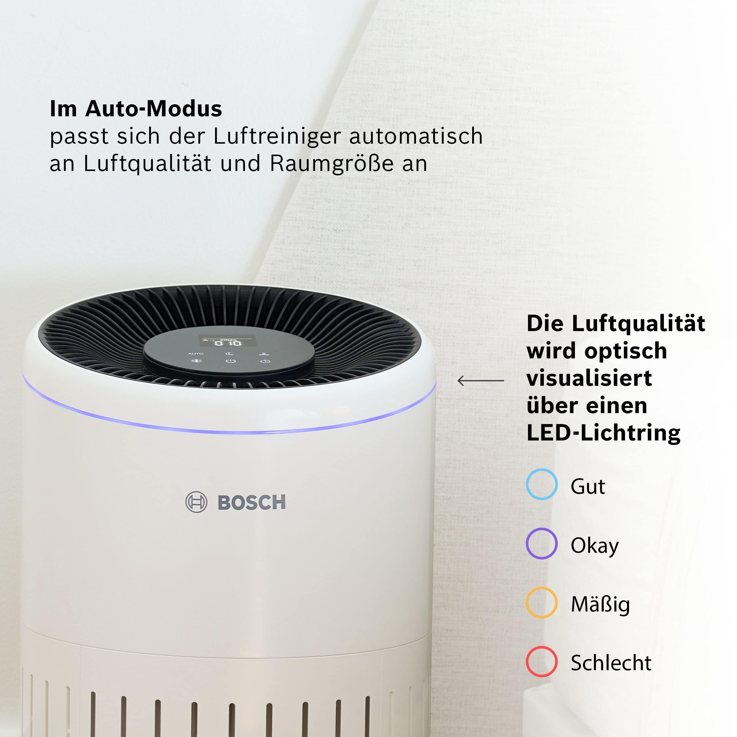 Bosch Air 4000 Luftreiniger - Für Räume bis zu 62,5 m² - Entfernt effizient Schadstoffe - Mit 3-in-1 Luftfilter, Smart Sensor, Automatikmodus, Ruhemodus (< 25 dB(A)) - CADR: 300 m³/h