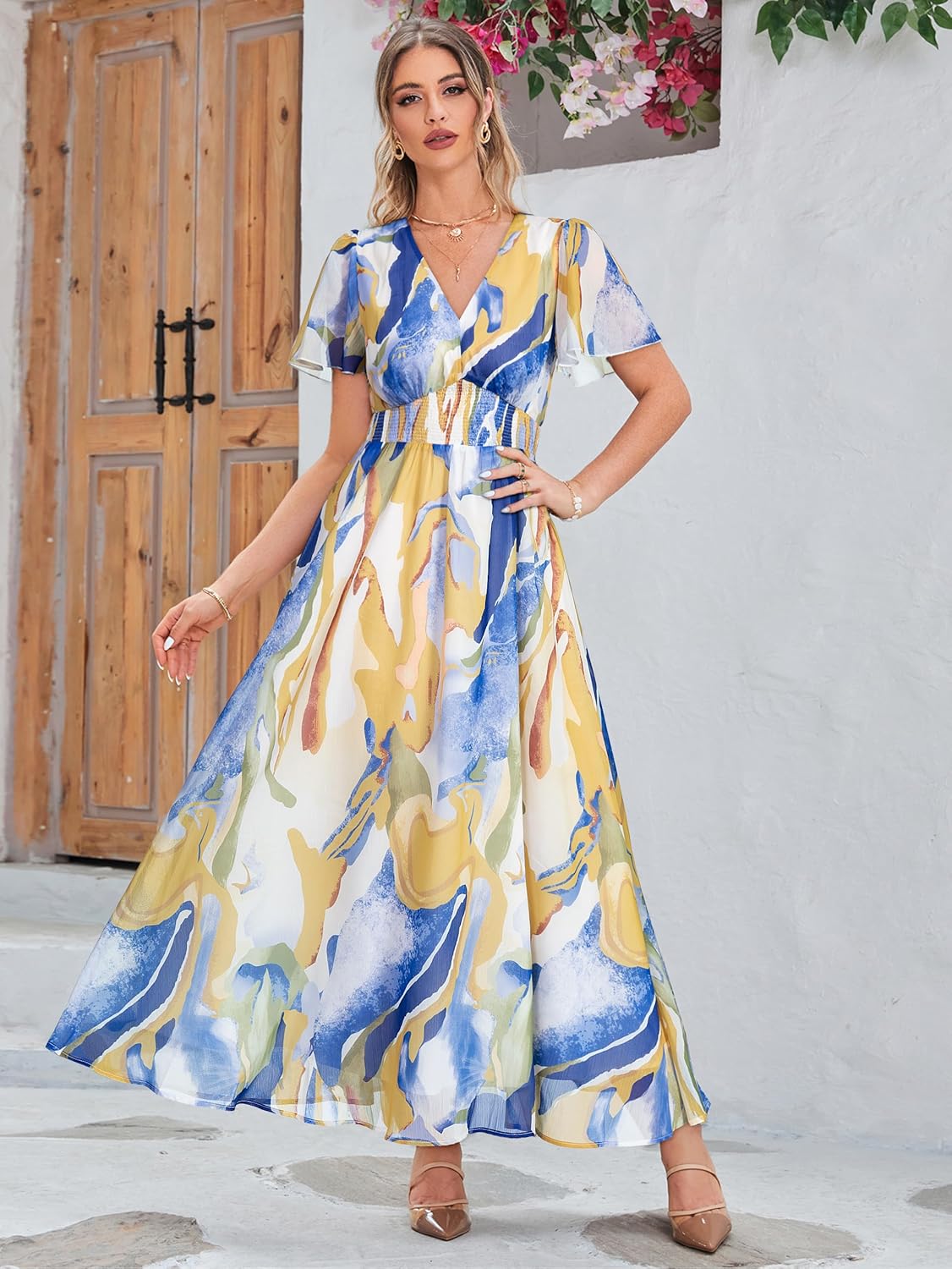 Simplee Women's Boho Floral Maxi Dress Flowy Casual V Neck Short Sleeve Wedding Guest Holiday Beach Long Dress - Image 5