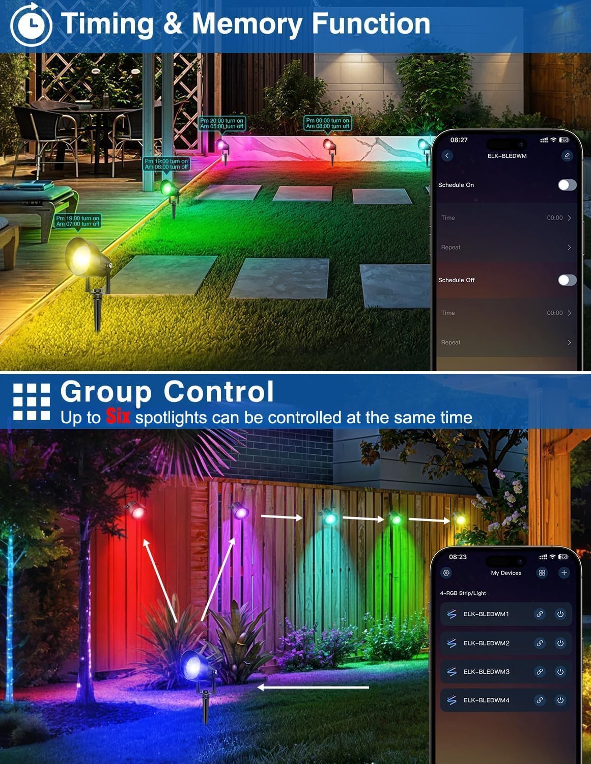NATPOW Faretti da Esterno Giardino RGB, 4 Pezzi Lampioni da Giardino RGB con Telecomando e Bluetooth, Impermeabile IP65 Faretti Esterno Smart per Terrazza, Albero, Sentieri