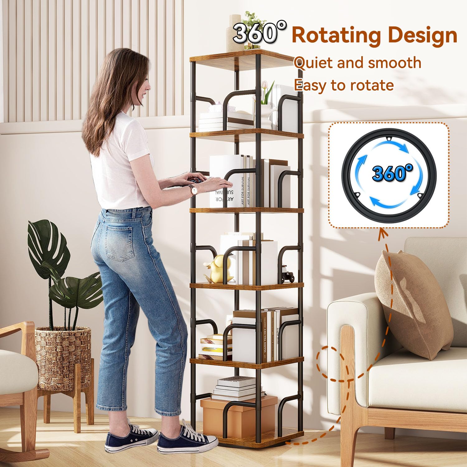 IBUYKE Bibliothèques Rotative à 5 Niveaux,Bibliothèque Enfant,Étagère Pivotante Verticale à 360°,Bibliothèque Multifonctionnelle en Bois pour Chambre, Salon, Bureau,Marron Rustique,TBC005H