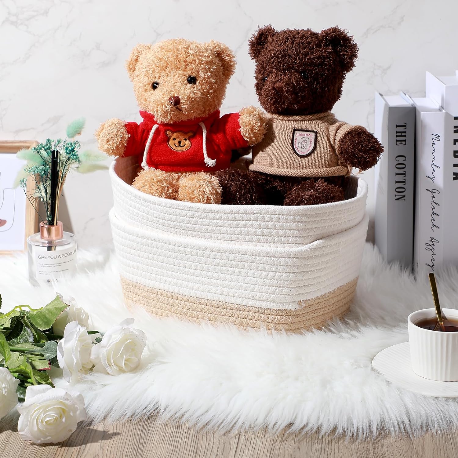 12 Pack Woven Storage Baskets for Organizing Cotton Rope Square Basket for Gifts Empty Storage Bin with Handle for Shelves, toys, Books, Towels, Clothes,12.6" l x 8.7" w x 6" h(Boho)