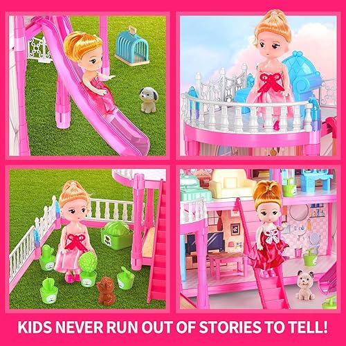 Miniatura 4 de Juguetes de casa de muñecas para niñas, casa de muñecas con brillo en la oscuridad, juego de casa de muñecas para niños con 4 pisos, 14 áreas de