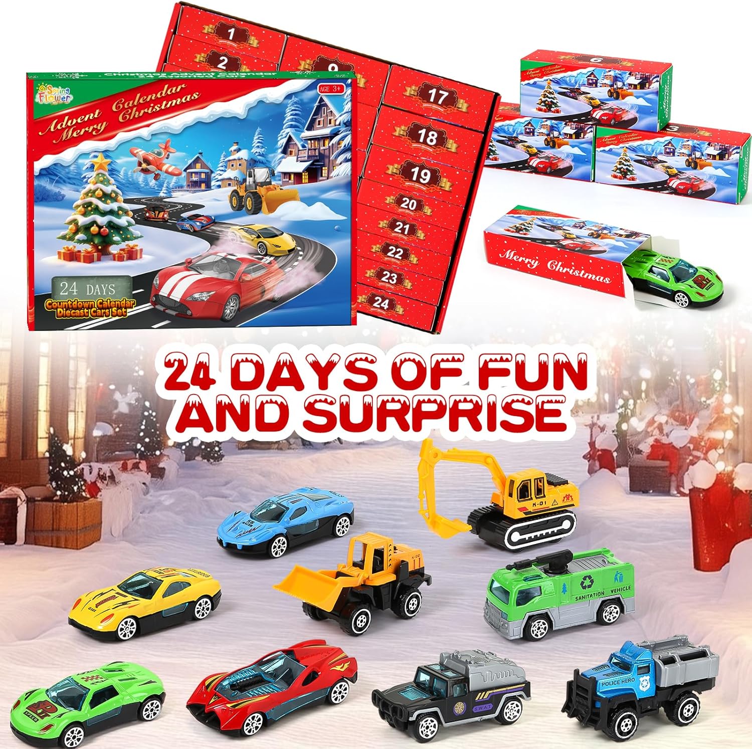 SpringFlower Advent Calendar 2025 for Kids, Christmas Advent Calendar with 24PCS Different Alloy Cars for Toddler, 24 Days Countdown Calendars Christmas Gifts for Toddlers Kids Boys