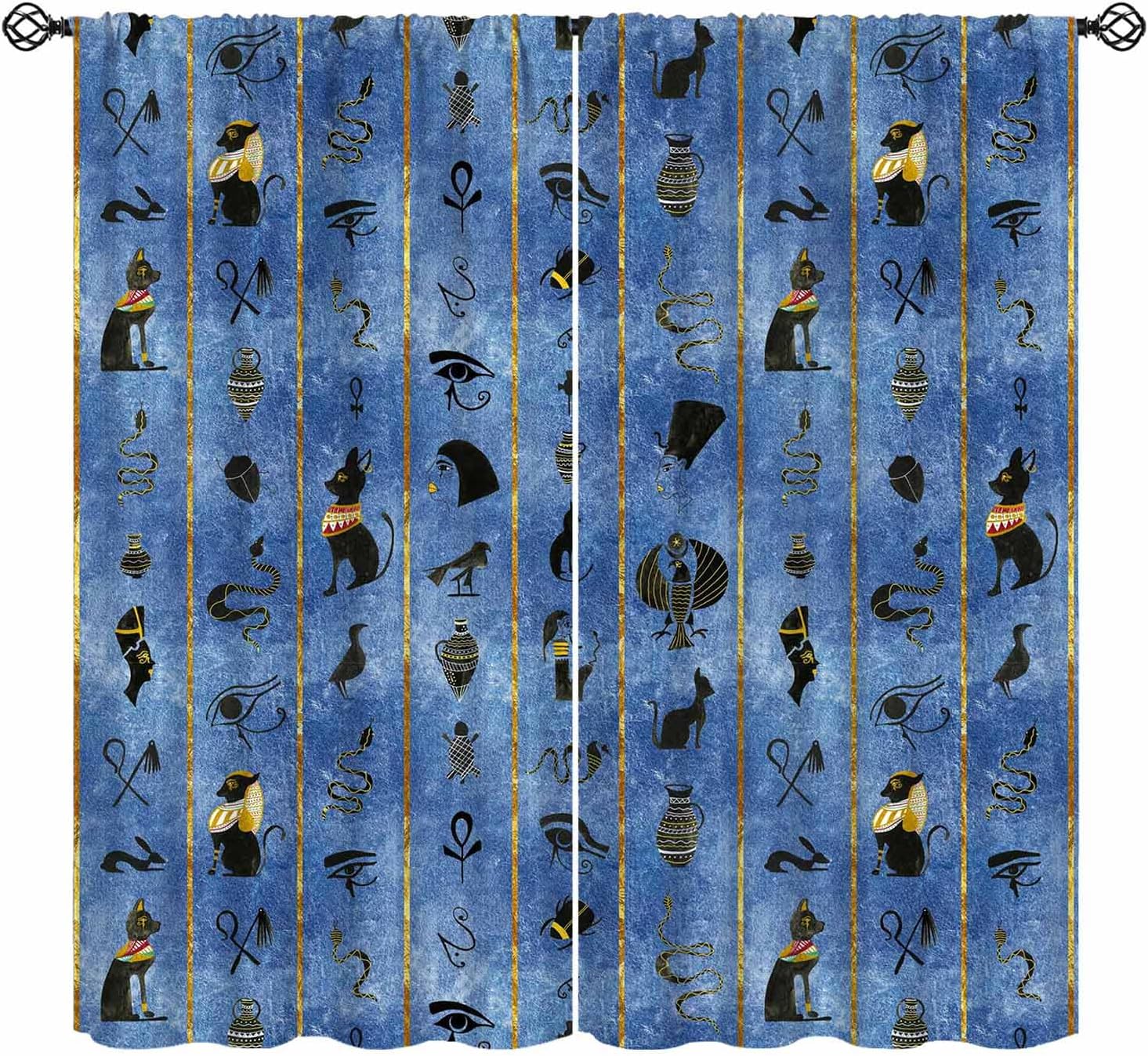 Egypt Curtains, Blue Abstract Watercolor Egyptian Symbols Black Cat Print Blackout Window Treatments, Rod Pocket Thermal Insulated Drapes 2 Panel Sets for Bedroom Living Room Kitchen, 42"W X 54"L