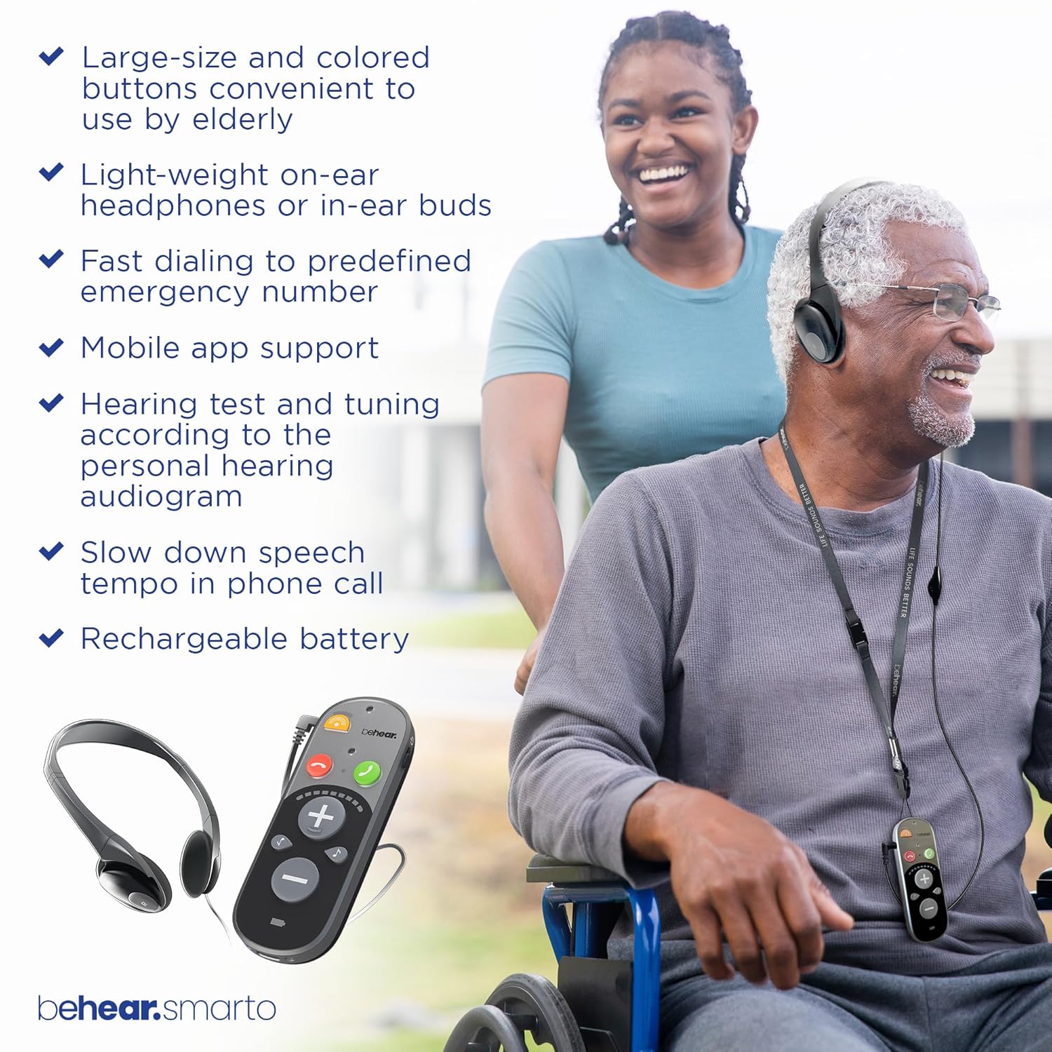 SMARTO Personal Hearing Amplifier - Pocket-Sized Bluetooth Assistive Listening Device for Seniors, TV & Phone Calls, Sound Amplifier for Hearing, Rechargeable Hearing Device for Elderly