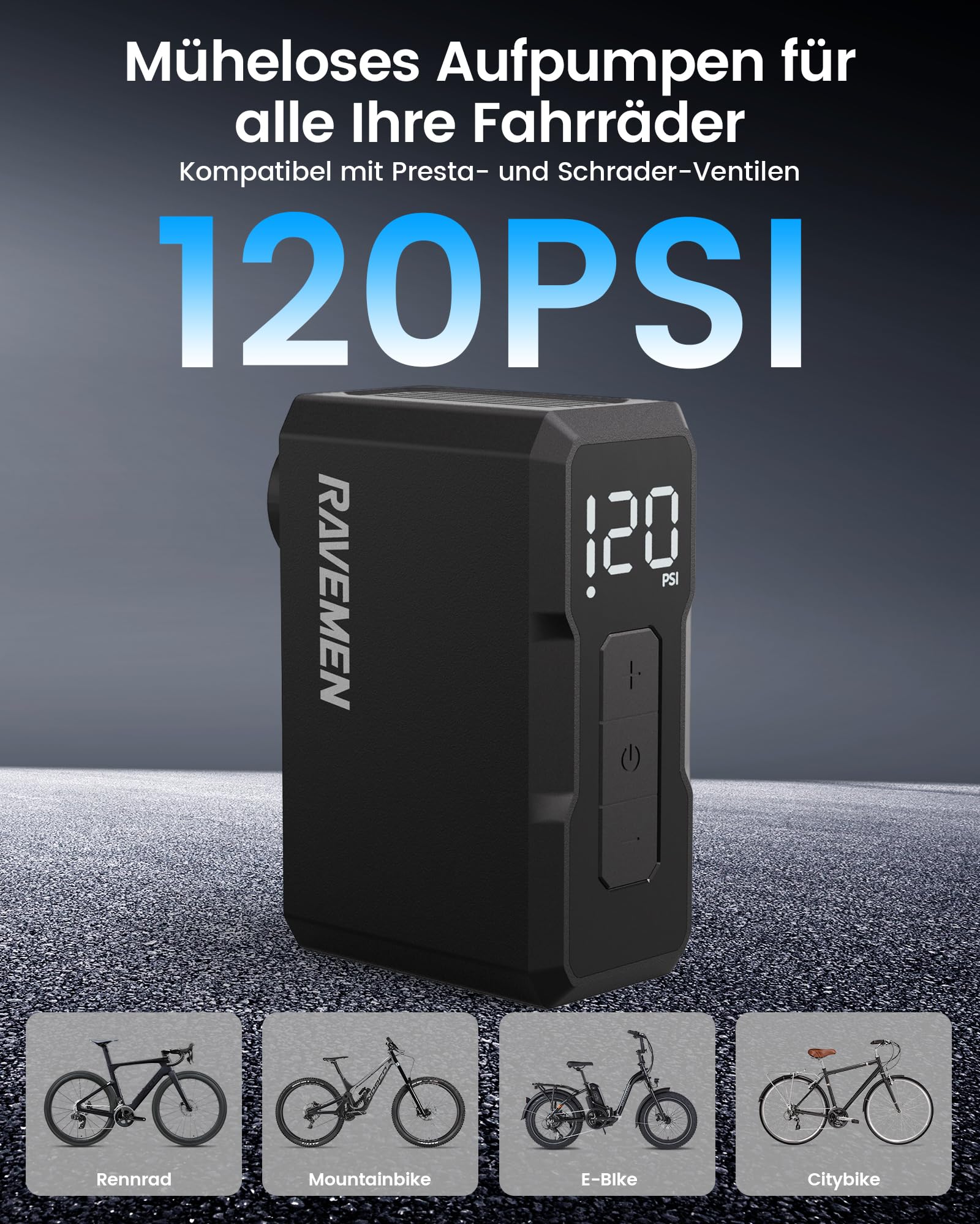 RAVEMEN EP01 Mini Fahrradpumpe, Maximal 120 PSI Tragbare elektrische Fahrradreifenpumpe mit Automatischer Abschaltautomatik kompatibel mit Presta Schrader Betriebsanzeige MTB, Rennrad, E-Bike