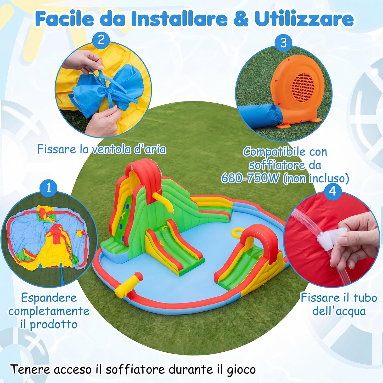 COSTWAY Castello Gonfiabile per Bambini 3-12 Anni, Grande Parco Acquatico di Giochi con Doppio Scivolo, Piscina, Parete da Arrampicata e Canestro da Basket, per Interno e Esterno