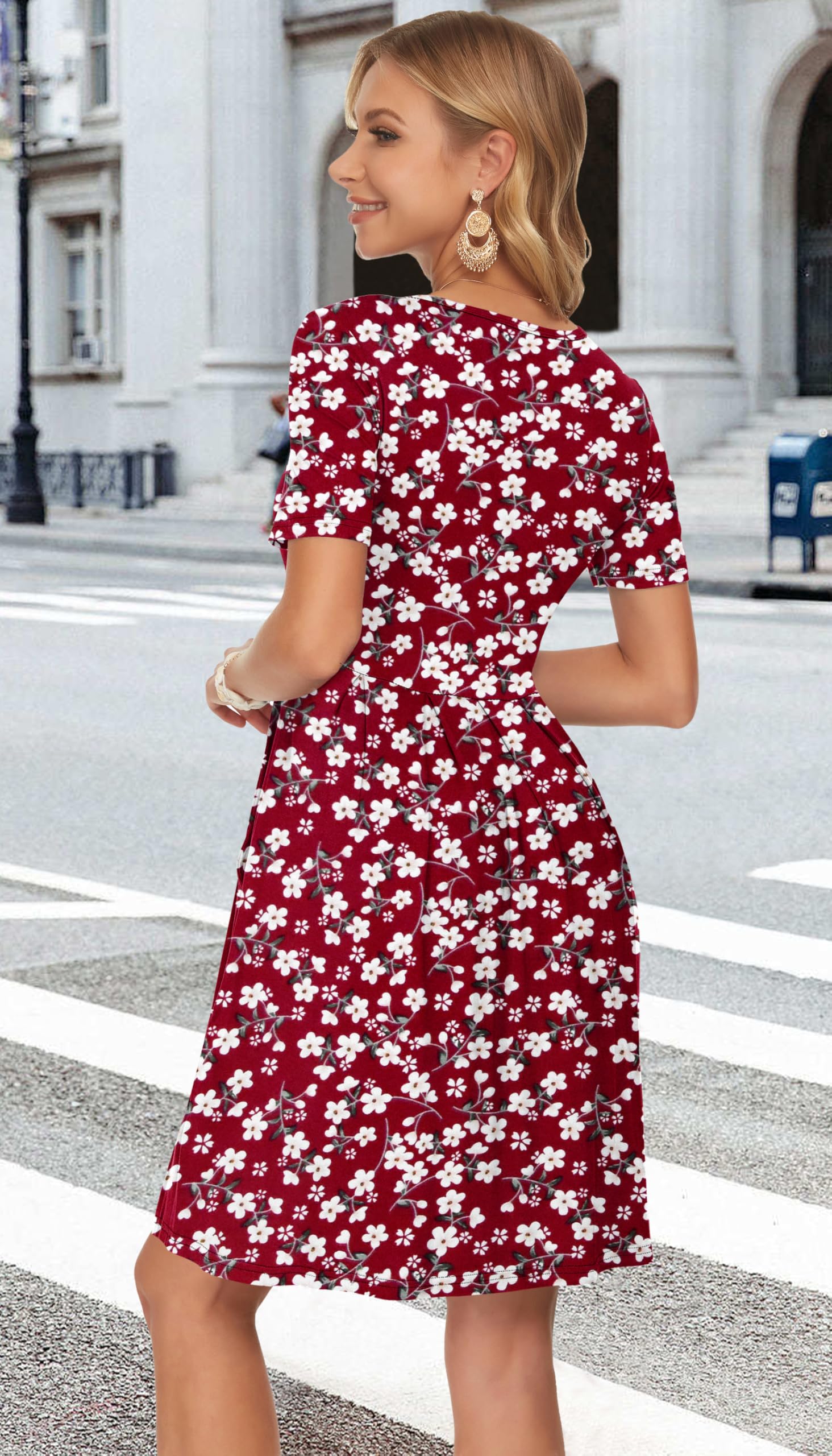 AUSELILY Robe décontractée à Manches Courtes plissée avec Poches Longueur Genou