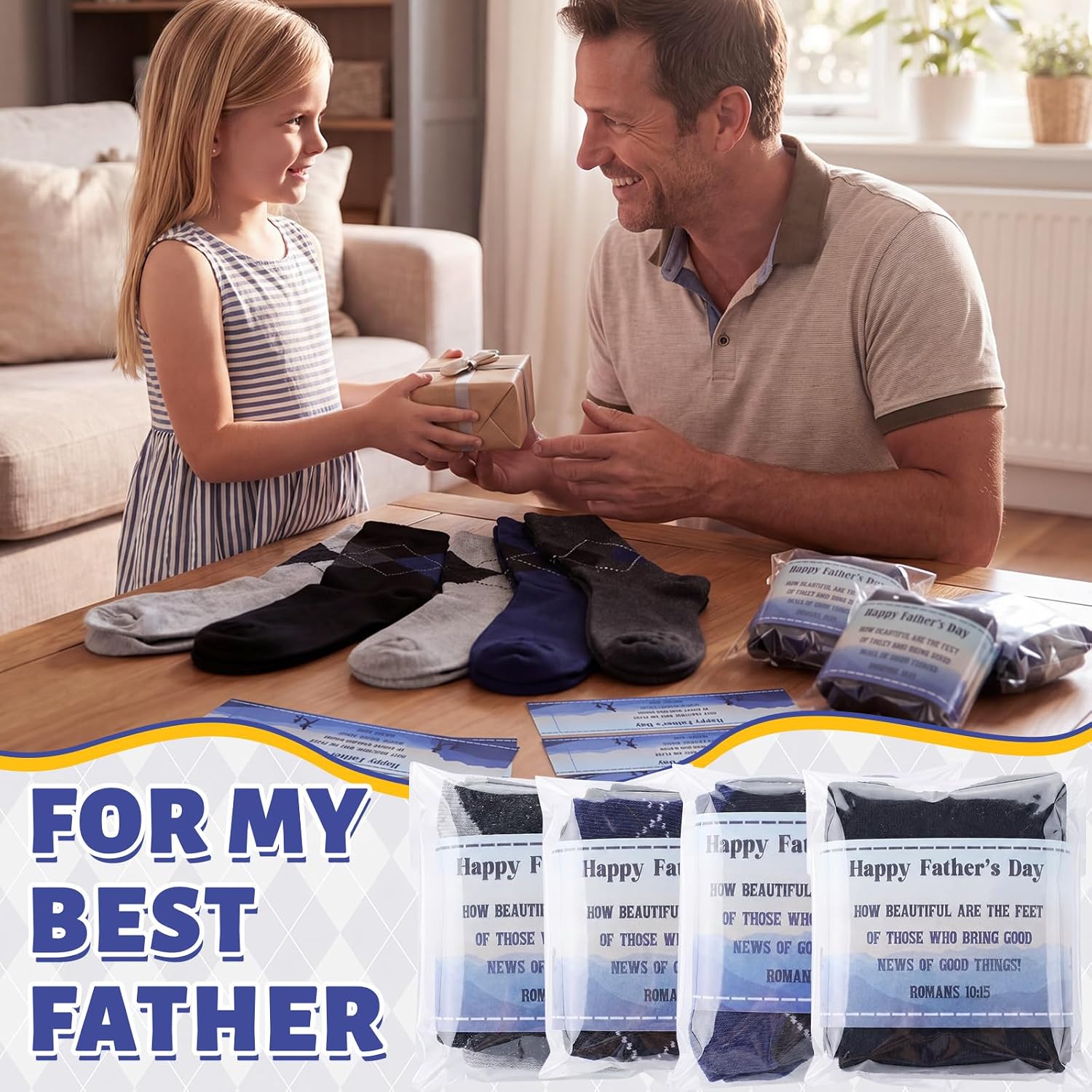 24 Set Fathers Day Bulk Gifts for Church Men's Argyle Dress Socks with Religious Card Christian Gift for Pastor Dad