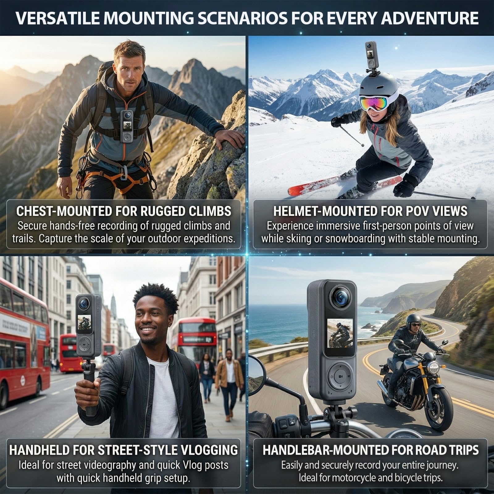 Caméra de corps 2K à double objectif POV, caméra de corps WiFi, caméra portable étanche, caméra d'enregistrement mains libres pour le sport, les voyages, le vélo, la moto, le vlogging