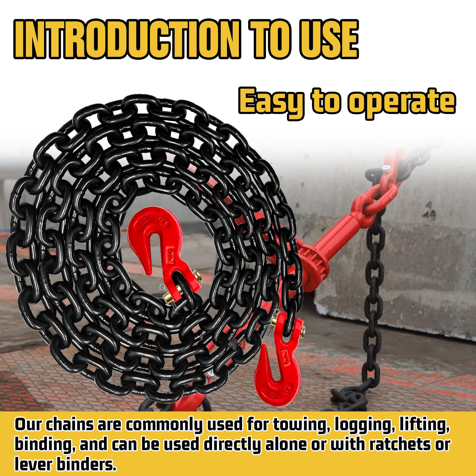 Cadena de Transporte G80, Cadenas de Seguridad de Remolque de 16 pies de 3/8 Pulgadas con Ganchos de Agarre de Horquilla, Carga de Trabajo Segura de 7000 Libras, Cadena Resistente para Registro,