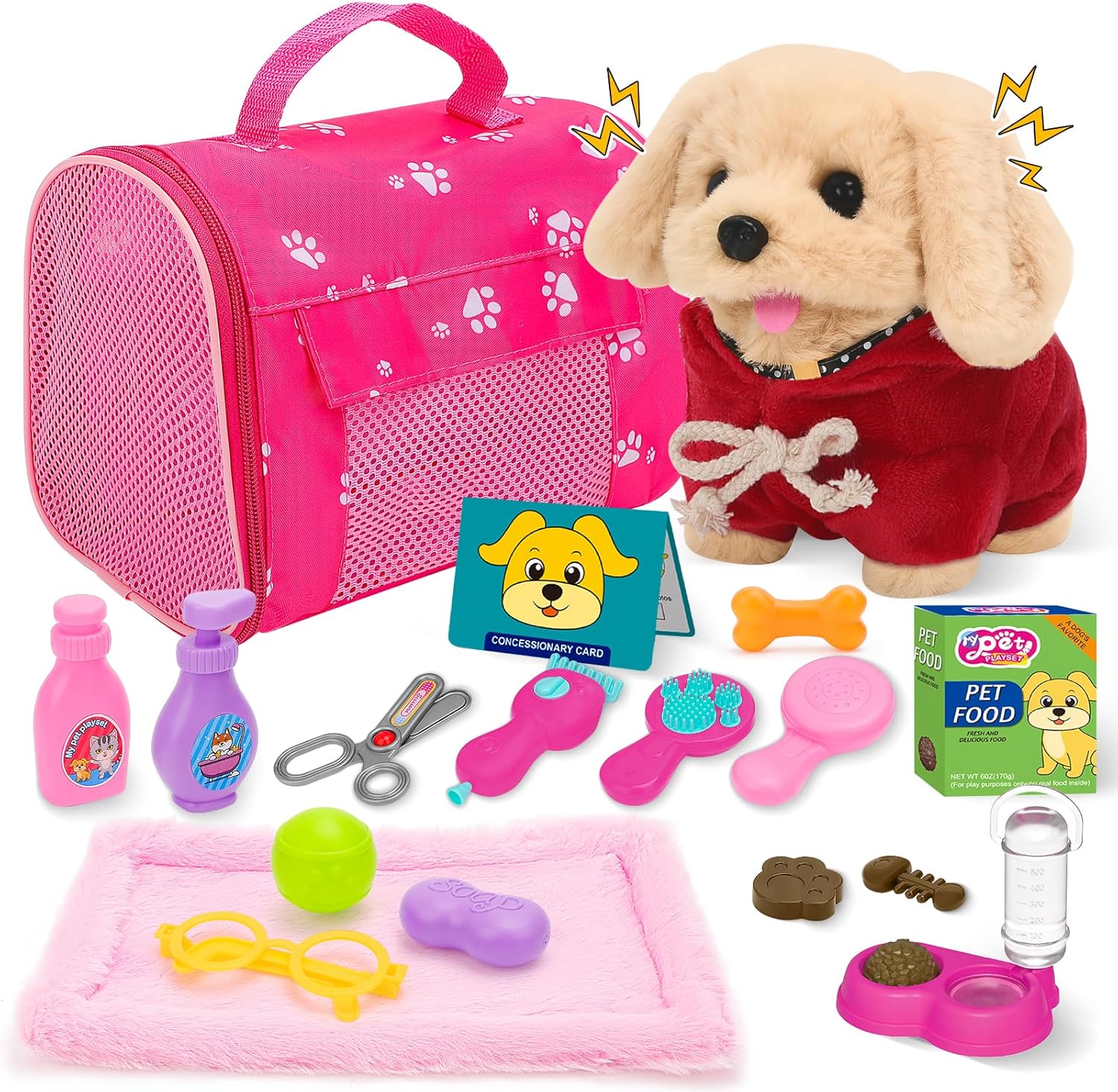 deAO Dog Toys for Kids Stuffed Dog Plush Toys with Carrier Cage,Pet Mat Pretend Play Puppy Pet Care Feeding Playset Toys Gifts for Boys Girls 3 4 5 6 Year Old